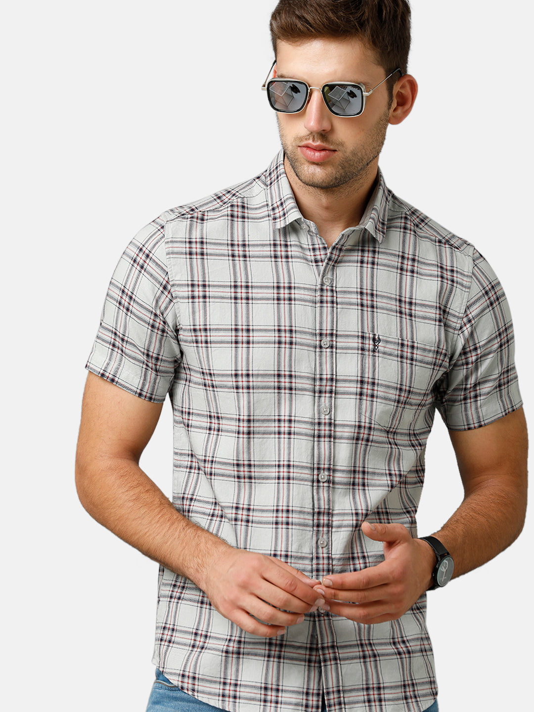Classic Polo Mens Cotton Half Sleeve Checked Slim Fit Polo Neck Light Green Color Woven Shirt | SN1 134 B