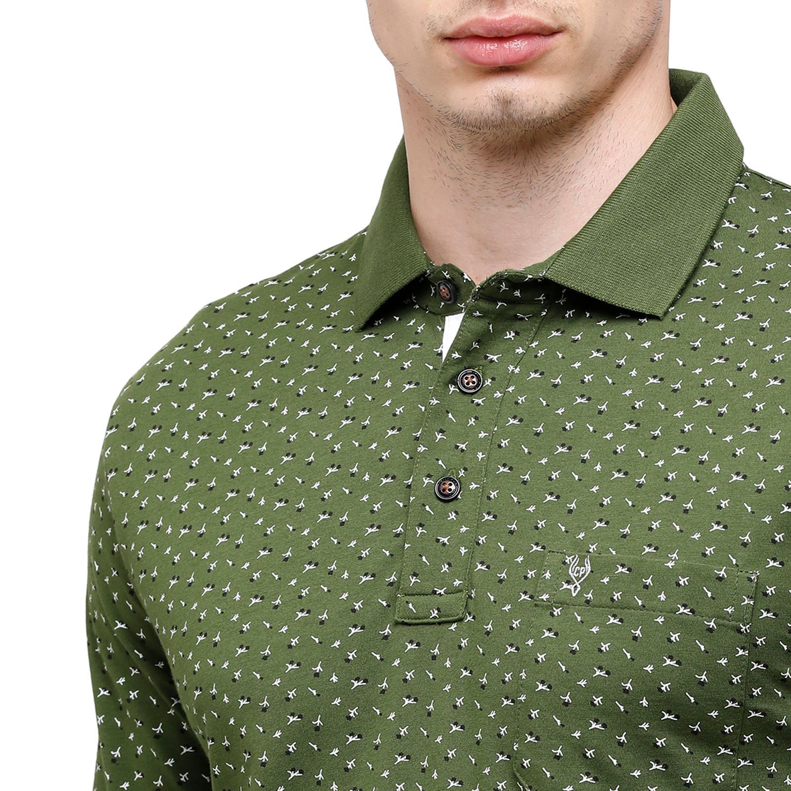Classic Polo Mens Printed Full Sleeve 100% Cotton Olive Green Polo Neck T-Shirt ( VERNO - 260 B SF P ) T-Shirt Classic Polo 