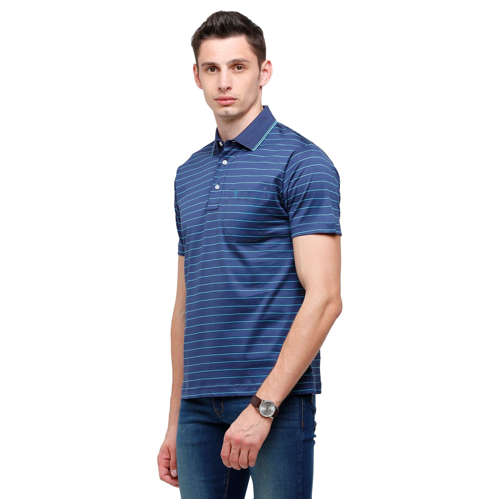 Classic Polo Men's Striped Authentic Fit Half Sleeve Premium Indigo Stripe T-Shirt - Ultimo - 257 B T-Shirt Classic Polo 