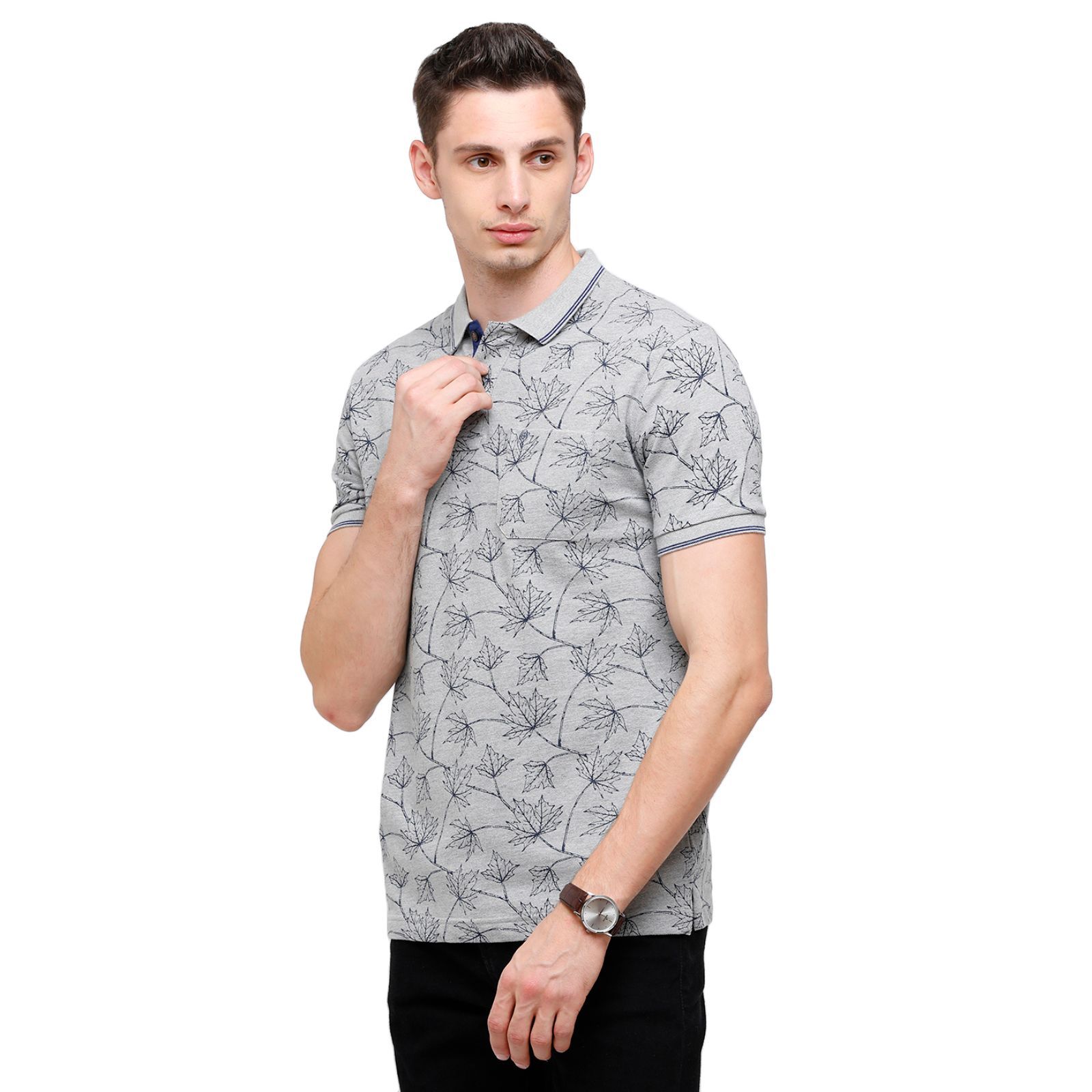 Classic Polo Mens Printed Half Sleeve 100% Cotton Grey Polo Neck T-Shirt ( BEAU - 142 B SF P ) T-Shirt Classic Polo 