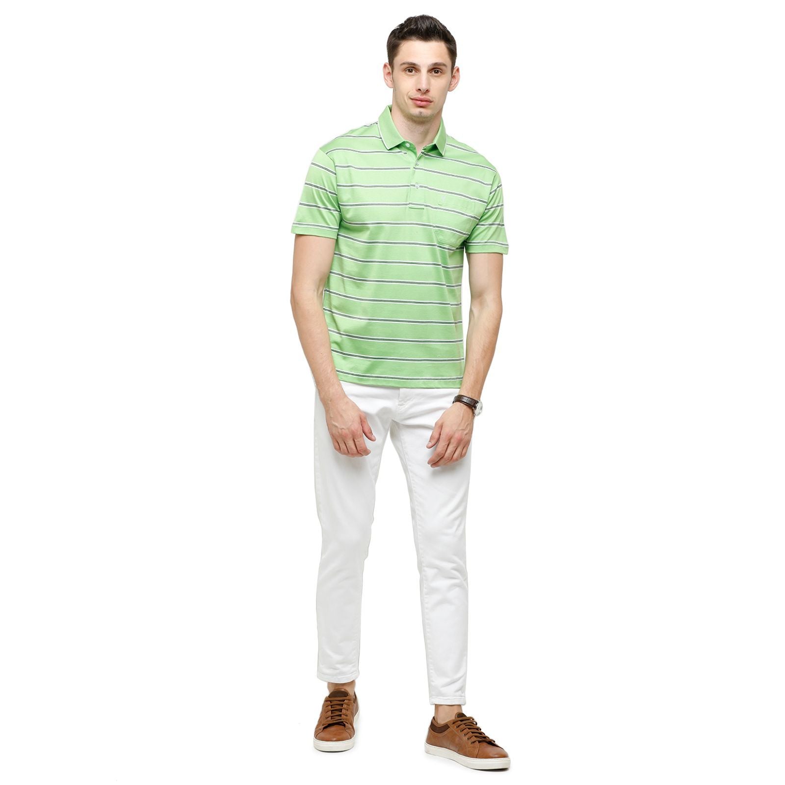 Classic Polo Men's Striped Authentic Fit Half Sleeve Premium Light Green Stripe T-Shirt - Ultimo - 255 A T-Shirt Classic Polo 
