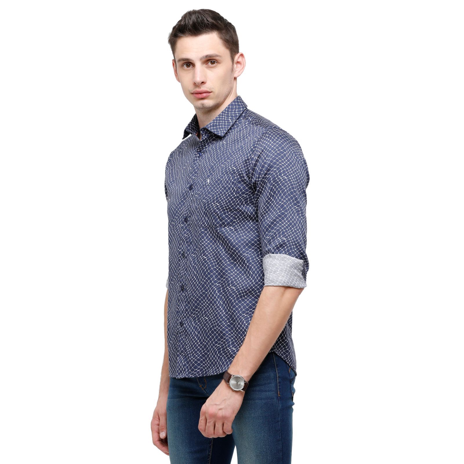 Swiss Club Mens Printed Full Sleeve 100% Cotton Indigo Polo Neck Woven Shirt ( S-SC-86 A-FS-PRT-SF ) Shirts Swiss Club 
