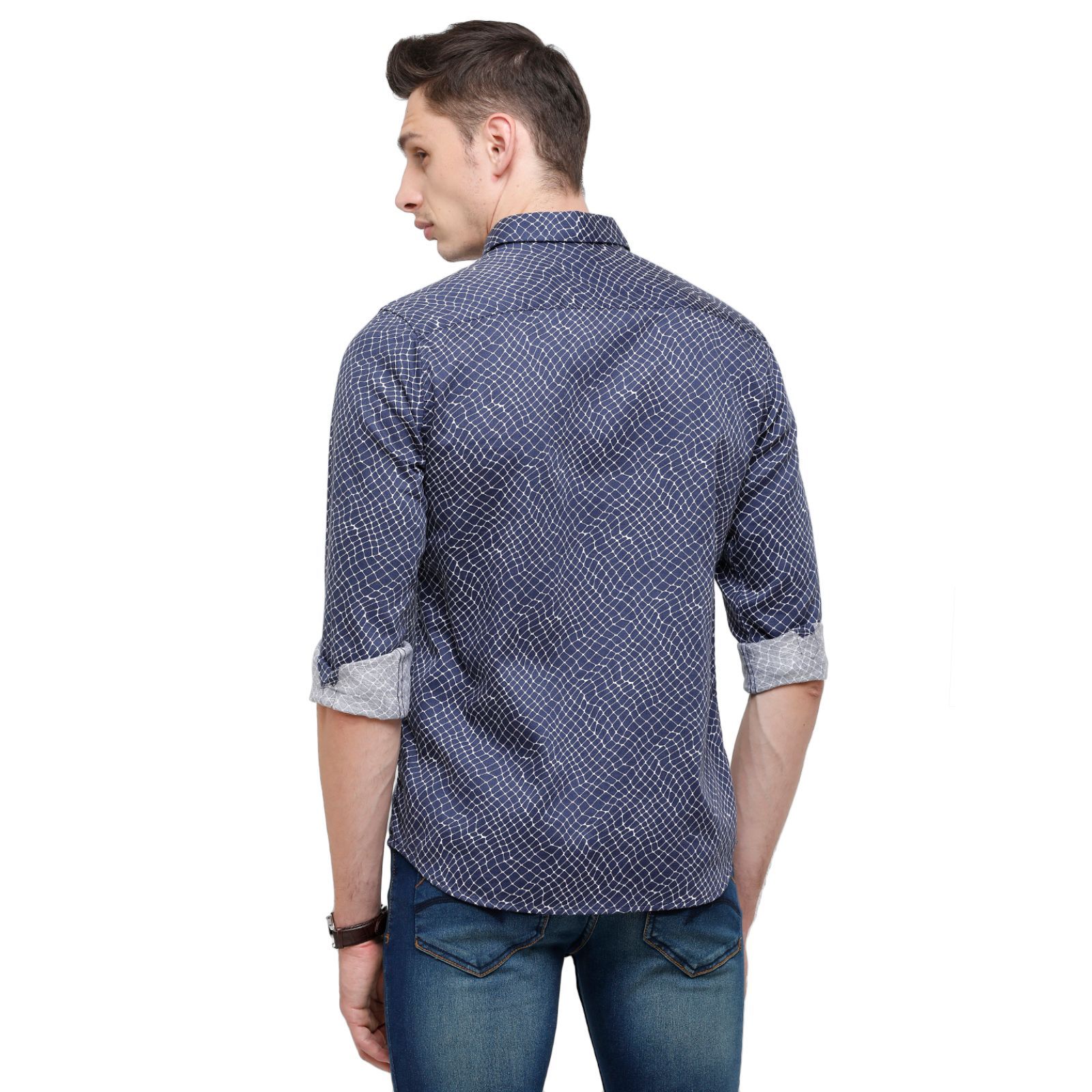 Swiss Club Mens Printed Full Sleeve 100% Cotton Indigo Polo Neck Woven Shirt ( S-SC-86 A-FS-PRT-SF ) Shirts Swiss Club 