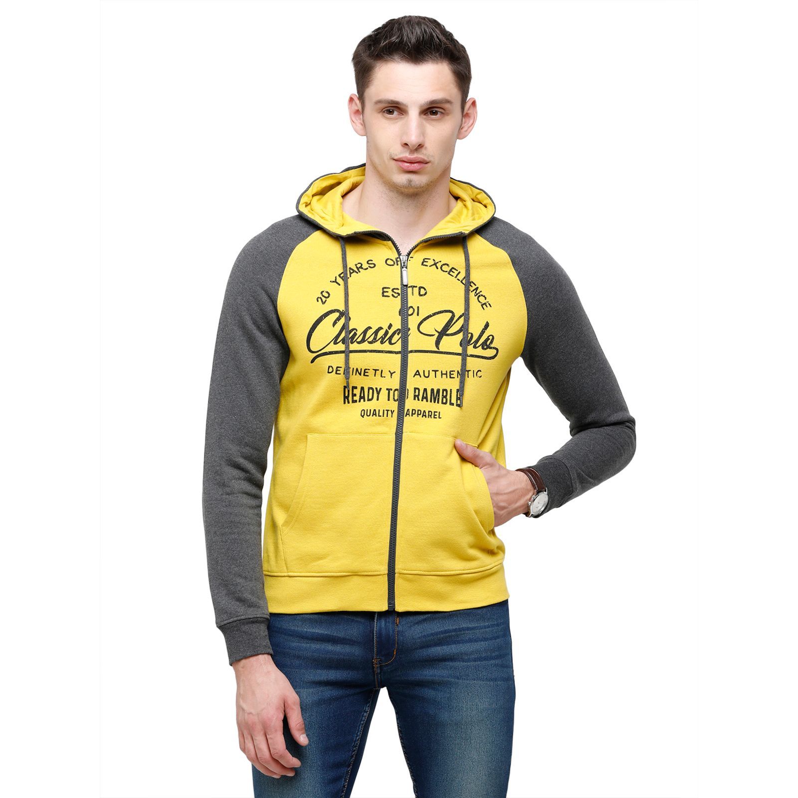 Classic Polo Men's Printed Full Sleeve yellow & Grey Hood Sweat Shirt - CPSS - 327 B Sweat Shirts Classic Polo 