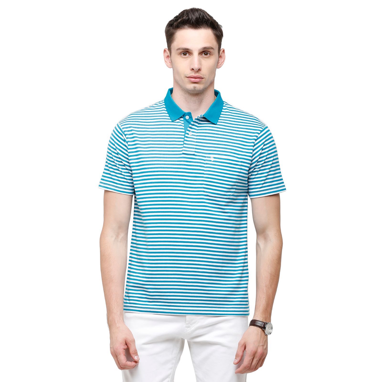 Swiss Club Mens Stripes Half Sleeve 100% Cotton Turqouise Polo Neck T-Shirt ( STAG - 154 A AF P ) T-Shirt Swiss Club 