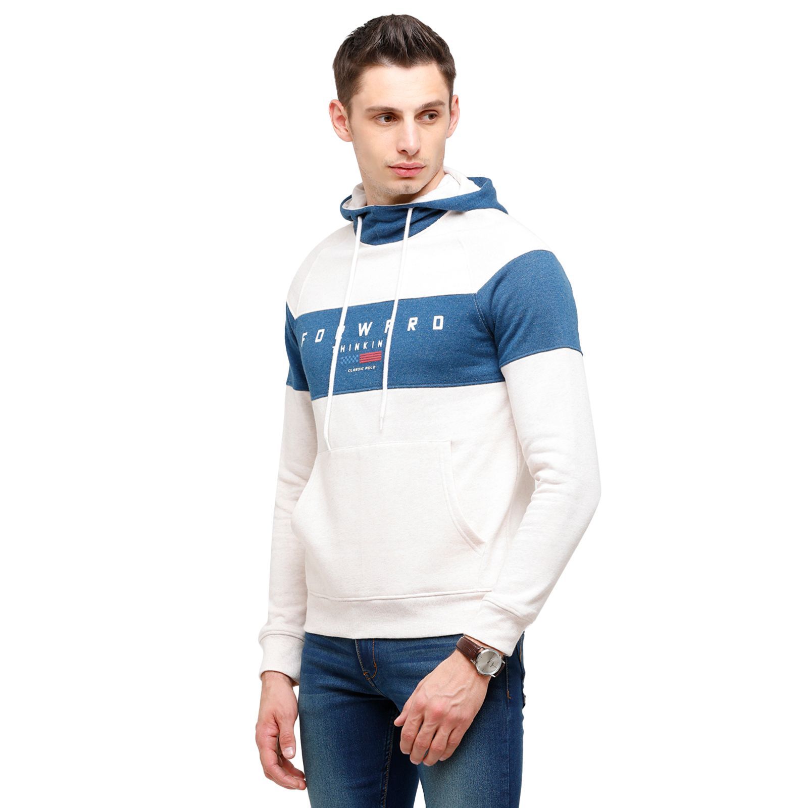 Classic Polo Men's Printed Full Sleeve White & Blue Hood Sweat Shirt - CPSS - 332A Sweat Shirts Classic Polo 