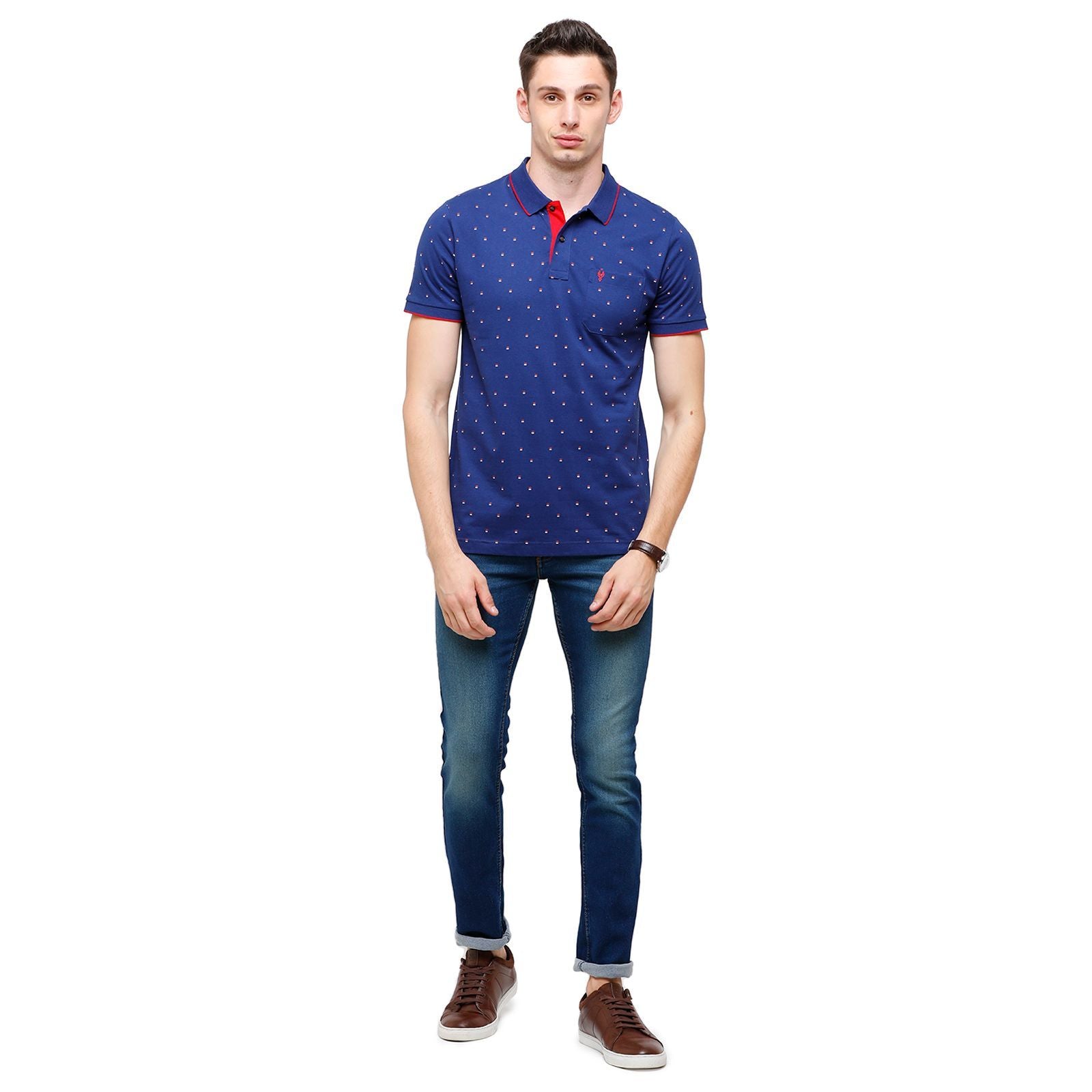 Classic Polo Mens Printed Half Sleeve 100% Cotton Royal Blue Polo Neck T-Shirt ( BELLO - 159 A SF P ) T-Shirt Classic Polo 