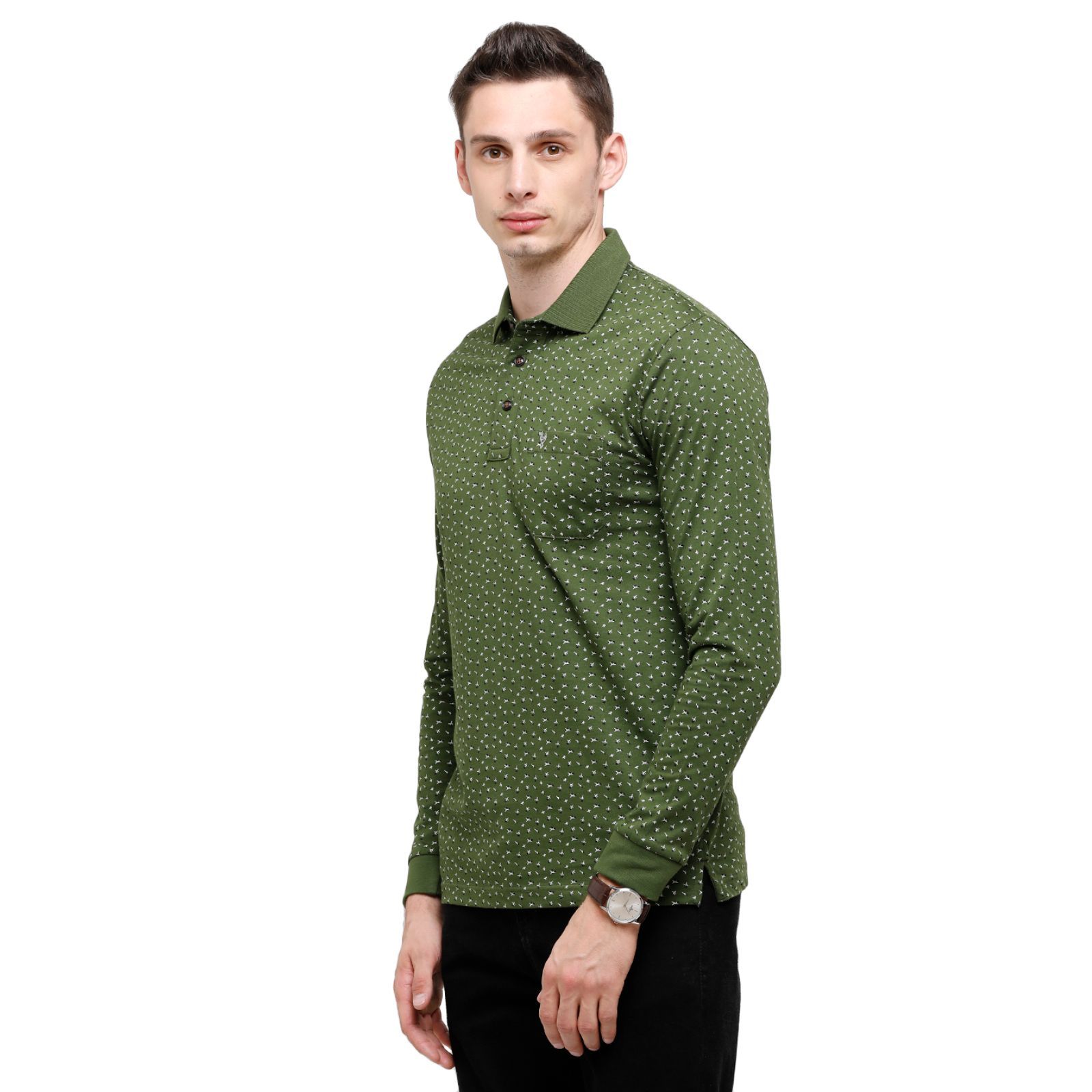 Classic Polo Mens Printed Full Sleeve 100% Cotton Olive Green Polo Neck T-Shirt ( VERNO - 260 B SF P ) T-Shirt Classic Polo 