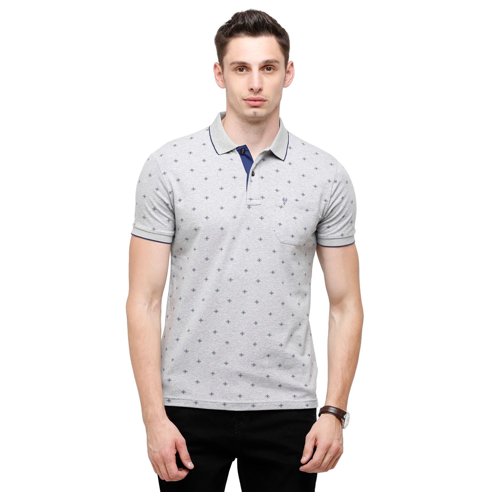 Classic Polo Mens Printed Half Sleeve 100% Cotton Grey Polo Neck T-Shirt ( BELLO - 160 B SF P ) T-Shirt Classic Polo 