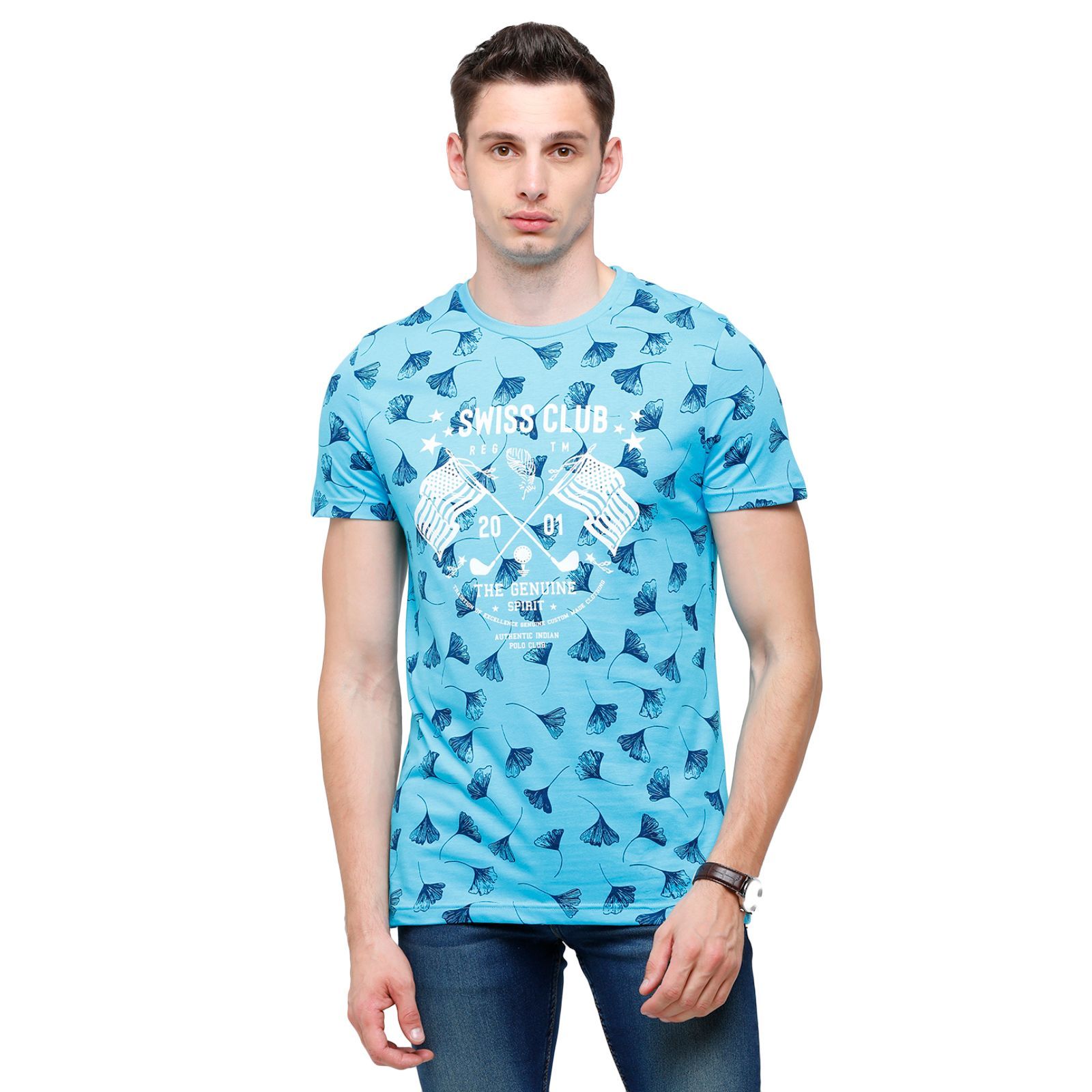 Swiss Club Mens Printed Half Sleeve 100% Cotton Turqouise Crew Neck T-Shirt ( CUB - 40 B SF C ) T-Shirt Swiss Club 