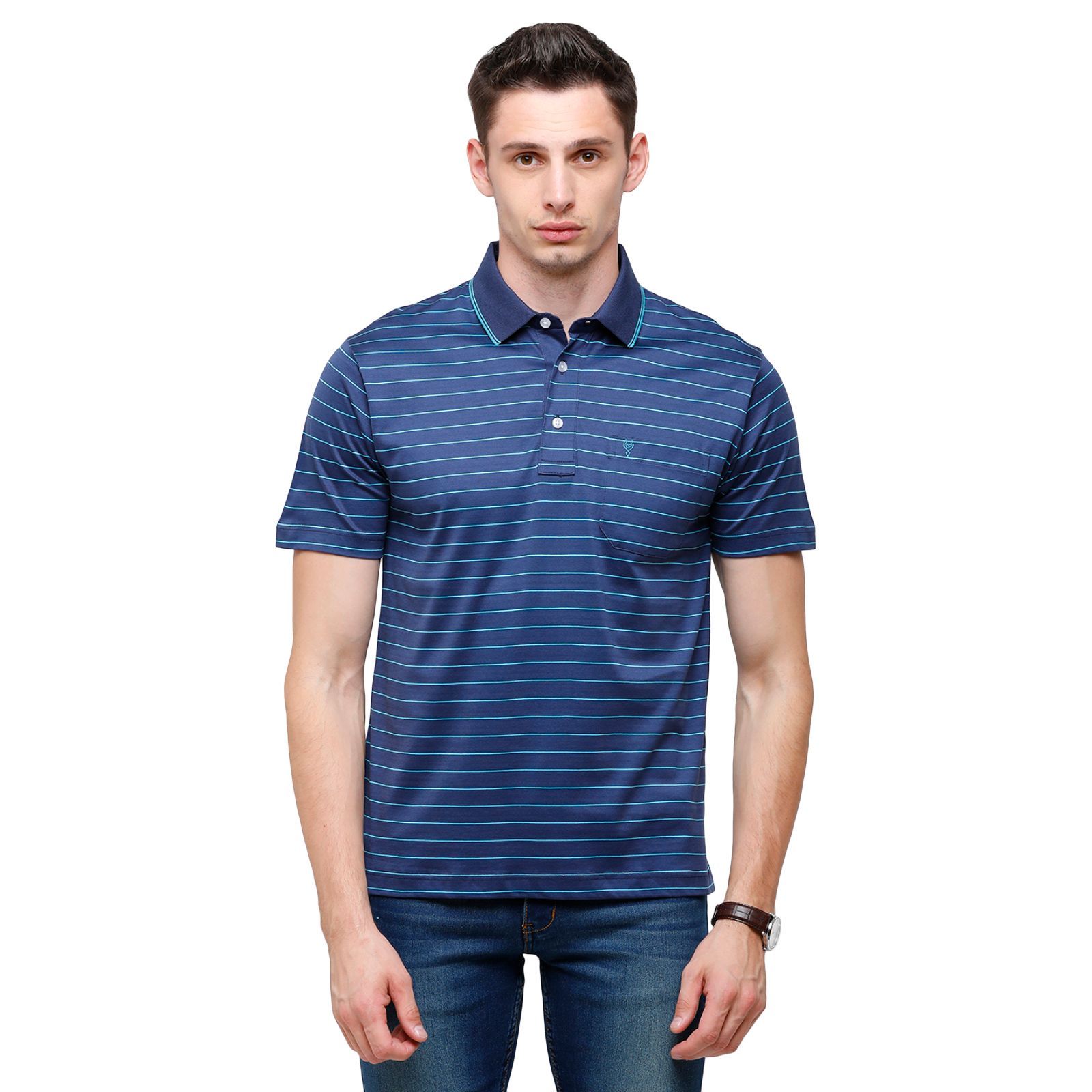 Classic Polo Men's Striped Authentic Fit Half Sleeve Premium Indigo Stripe T-Shirt - Ultimo - 257 B T-Shirt Classic Polo 