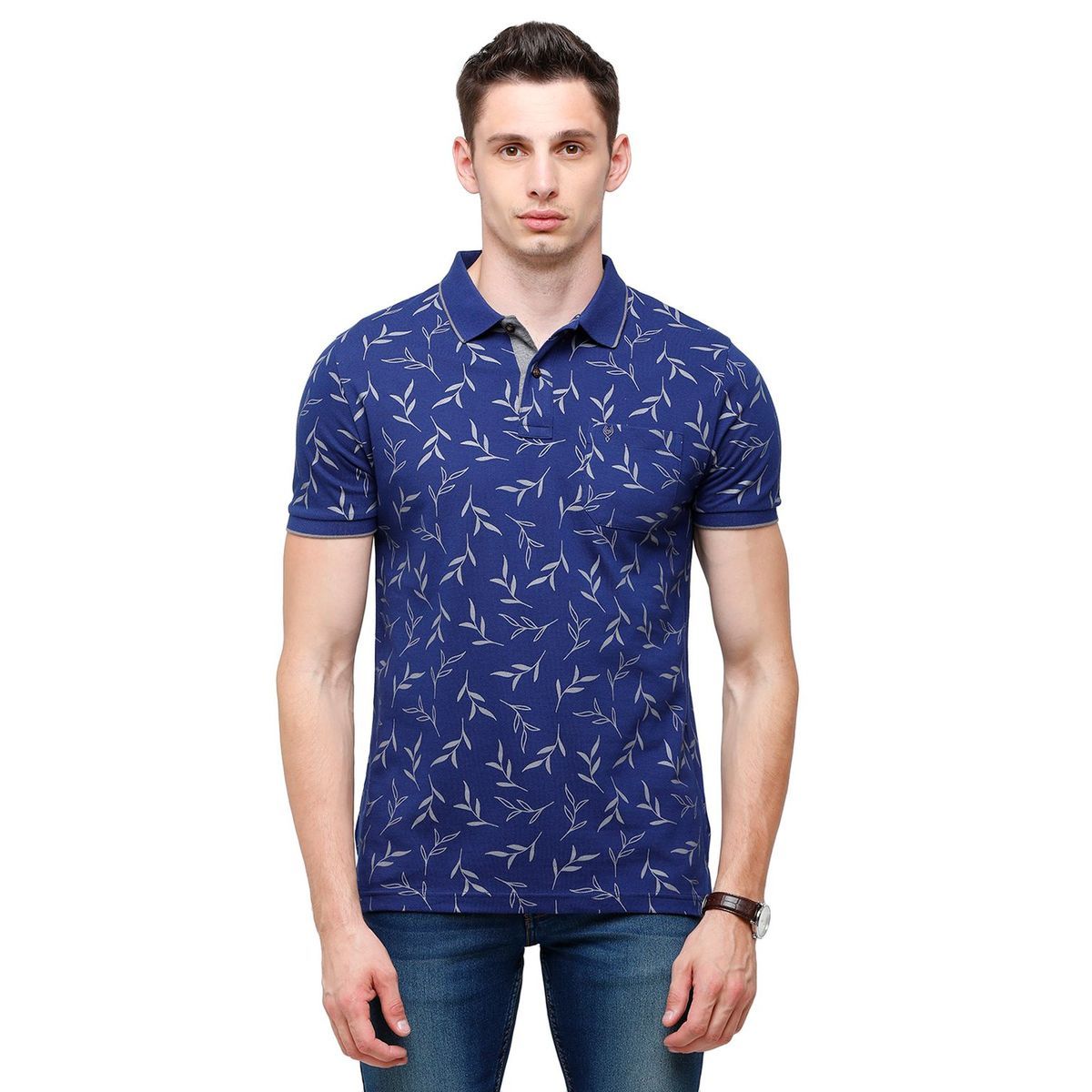 Classic Polo Mens Printed Half Sleeve 100% Cotton Royal Blue Polo Neck T-Shirt ( BEAU - 150 B SF P ) T-Shirt Classic Polo 