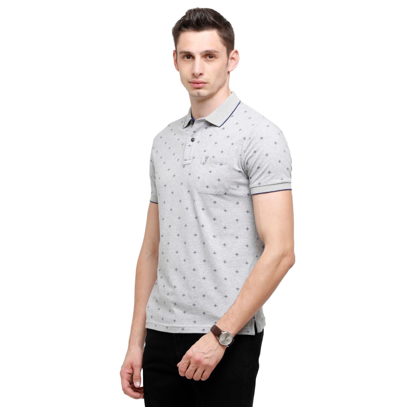 Classic Polo Mens Printed Half Sleeve 100% Cotton Grey Polo Neck T-Shirt ( BELLO - 160 B SF P ) T-Shirt Classic Polo 