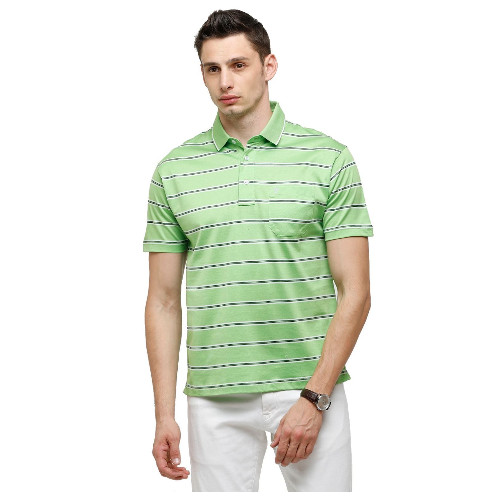 Classic Polo Men's Striped Authentic Fit Half Sleeve Premium Light Green Stripe T-Shirt - Ultimo - 255 A T-Shirt Classic Polo 