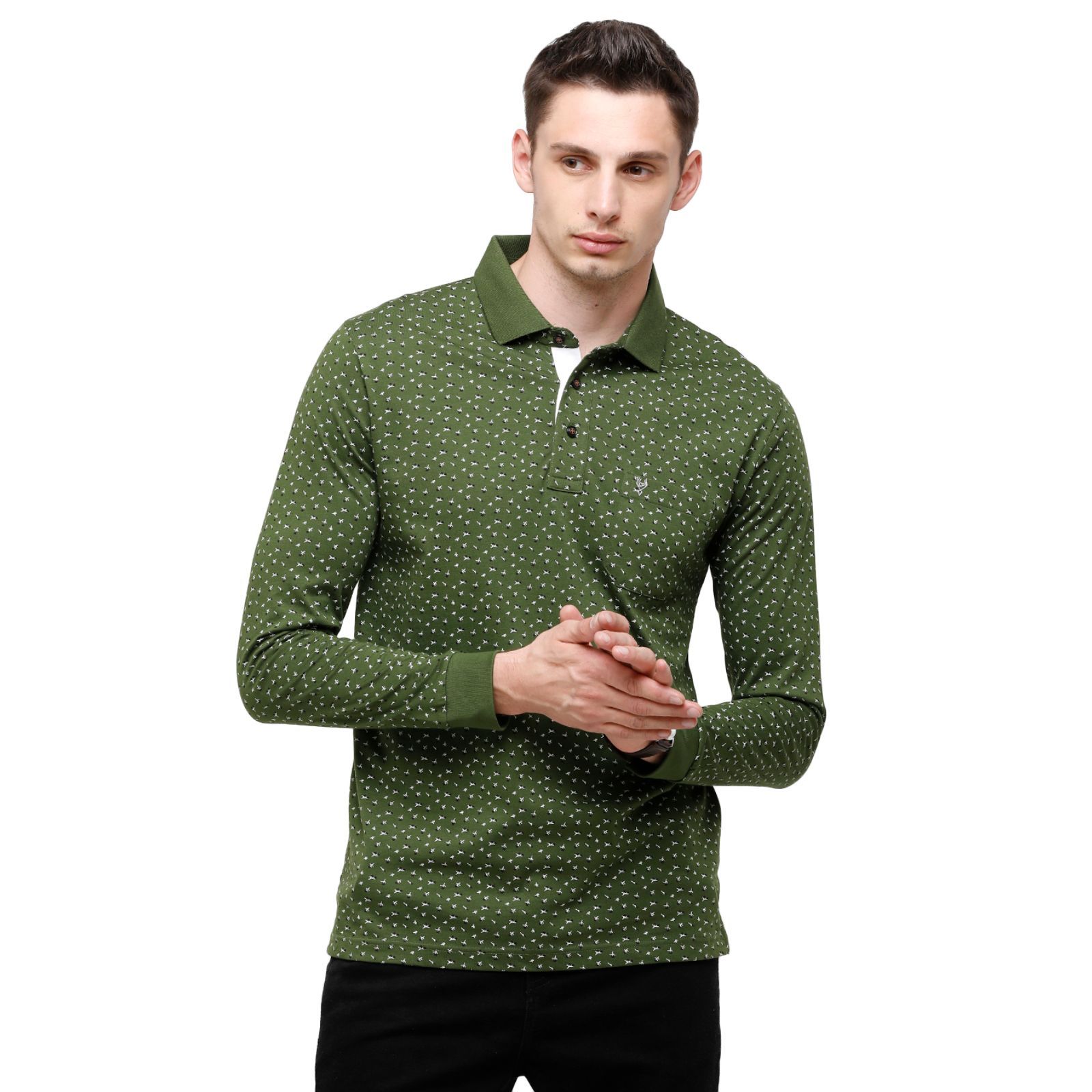 Classic Polo Mens Printed Full Sleeve 100% Cotton Olive Green Polo Neck T-Shirt ( VERNO - 260 B SF P ) T-Shirt Classic Polo 
