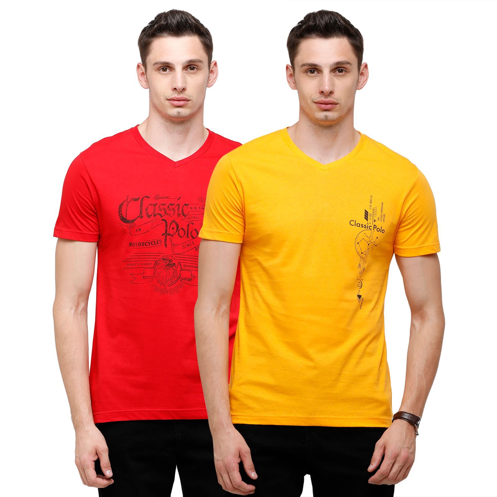 Classic Polo Men's Half Sleeve V Neck Yellow & Red Slim Fit Single Jersey Pack Of 2 T-shirt Iris - 17 T-Shirt Classic Polo 