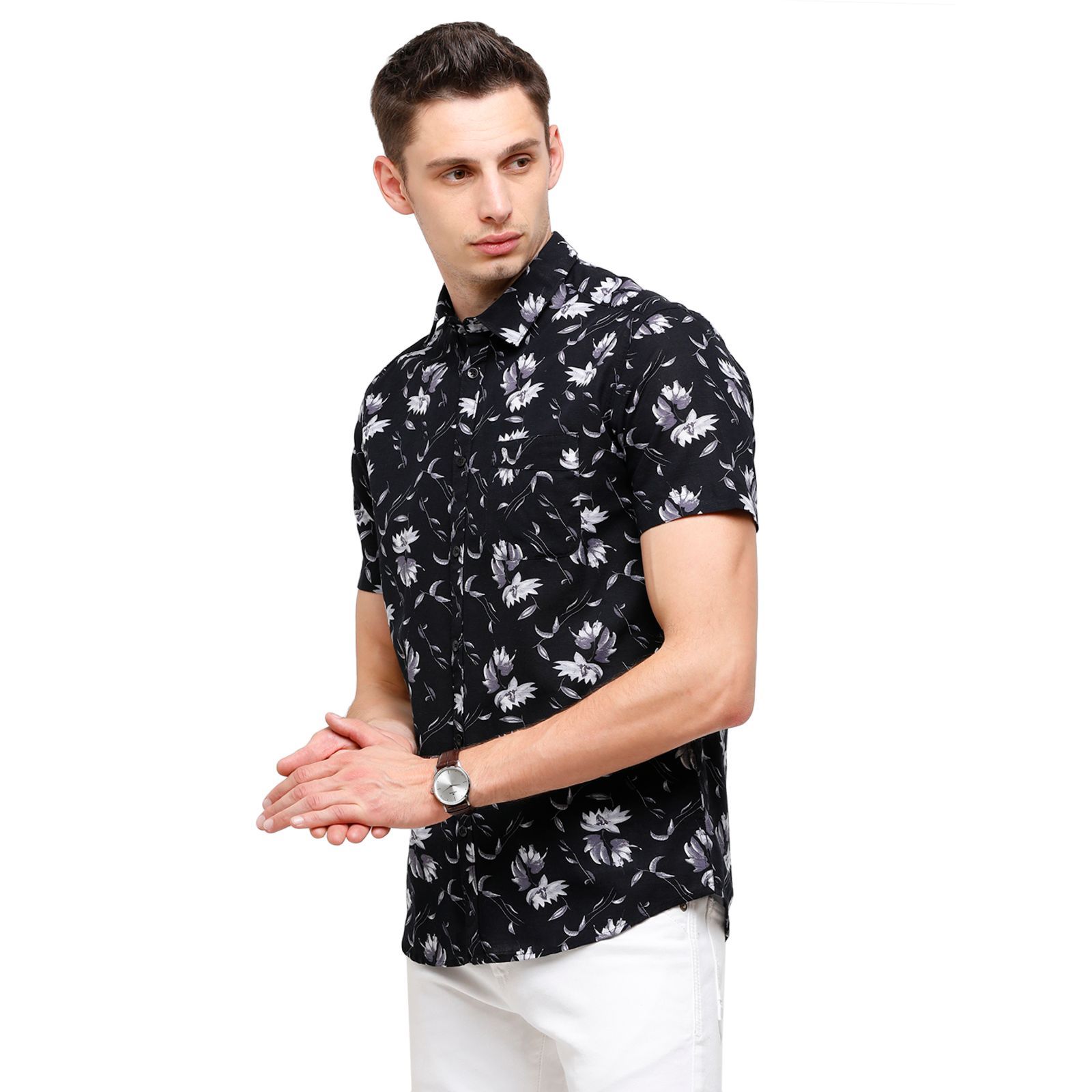 Swiss Club Mens Solid Half Sleeve 100% Cotton Black Polo Neck Woven Shirt ( S-SC-75 B-HS-SLD-SF ) Shirts Swiss Club 