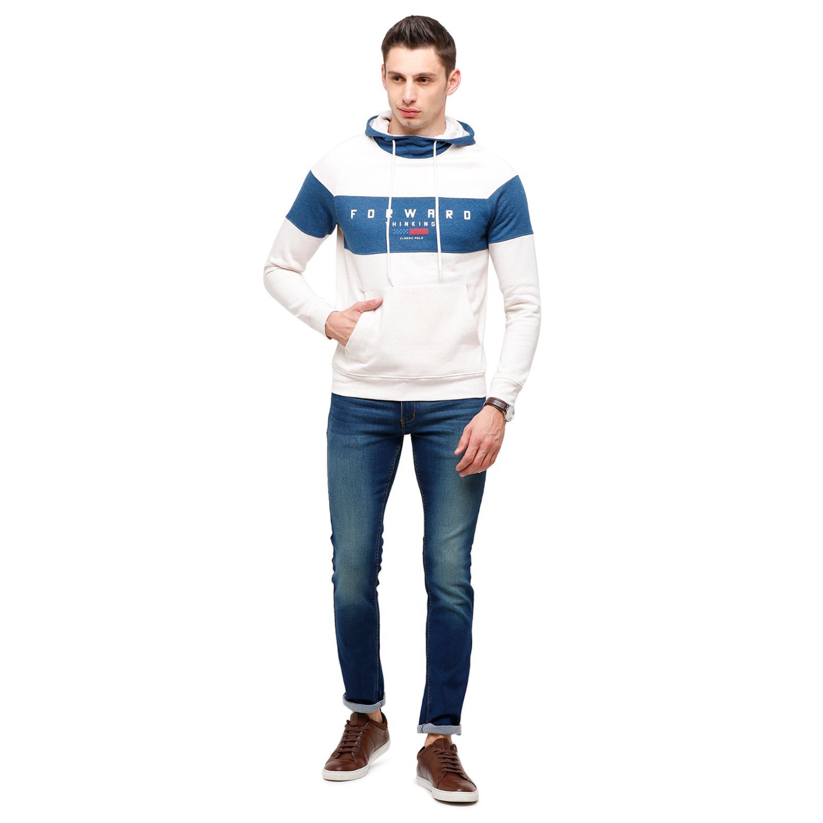 Classic Polo Men's Printed Full Sleeve White & Blue Hood Sweat Shirt - CPSS - 332A Sweat Shirts Classic Polo 