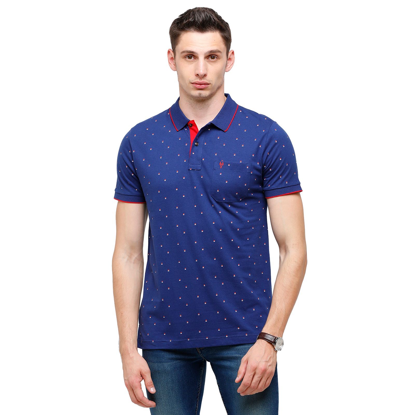 Classic Polo Mens Printed Half Sleeve 100% Cotton Royal Blue Polo Neck T-Shirt ( BELLO - 159 A SF P ) T-Shirt Classic Polo 