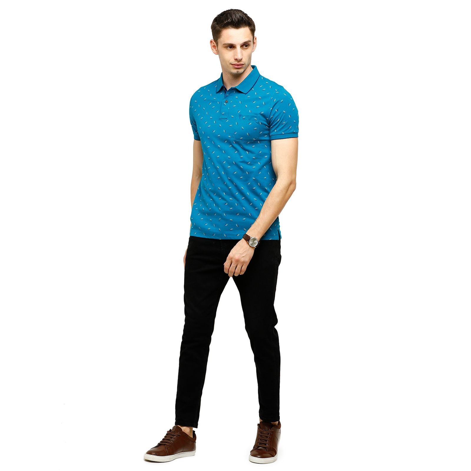 Classic Polo Mens Printed Half Sleeve 100% Cotton Blue Polo Neck T-Shirt ( BELLO - 144 B SF P ) T-Shirt Classic Polo 