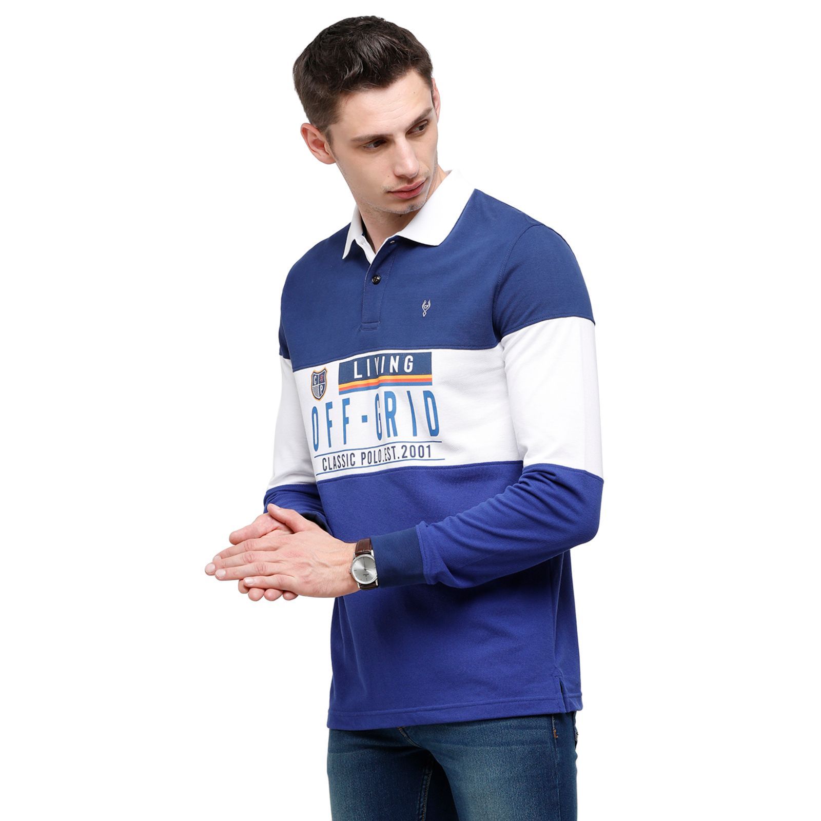 Classic Polo Mens Printed Full Sleeve 100% Cotton Blue:White Polo Neck T-Shirt ( VERNO - 256 B SF P ) T-Shirt Classic Polo 