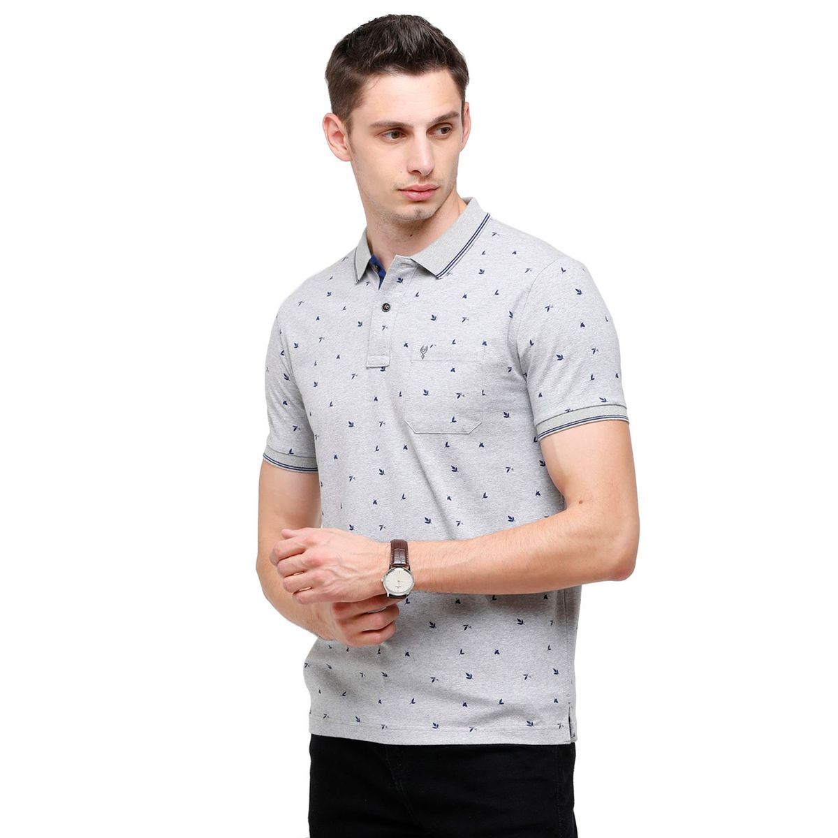 Classic Polo Mens Printed Half Sleeve 100% Cotton Grey Polo Neck T-Shirt ( BELLO - 142 B SF P ) T-Shirt Classic Polo 