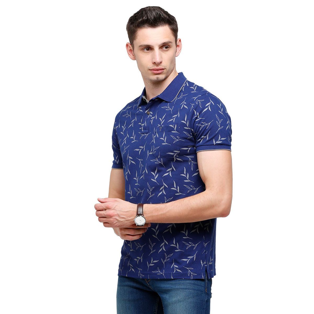 Classic Polo Mens Printed Half Sleeve 100% Cotton Royal Blue Polo Neck T-Shirt ( BEAU - 150 B SF P ) T-Shirt Classic Polo 