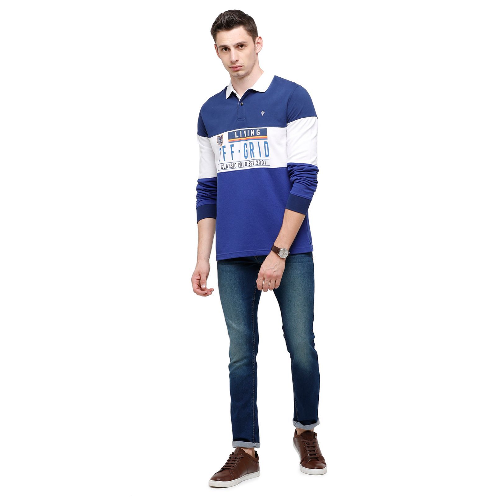 Classic Polo Mens Printed Full Sleeve 100% Cotton Blue:White Polo Neck T-Shirt ( VERNO - 256 B SF P ) T-Shirt Classic Polo 
