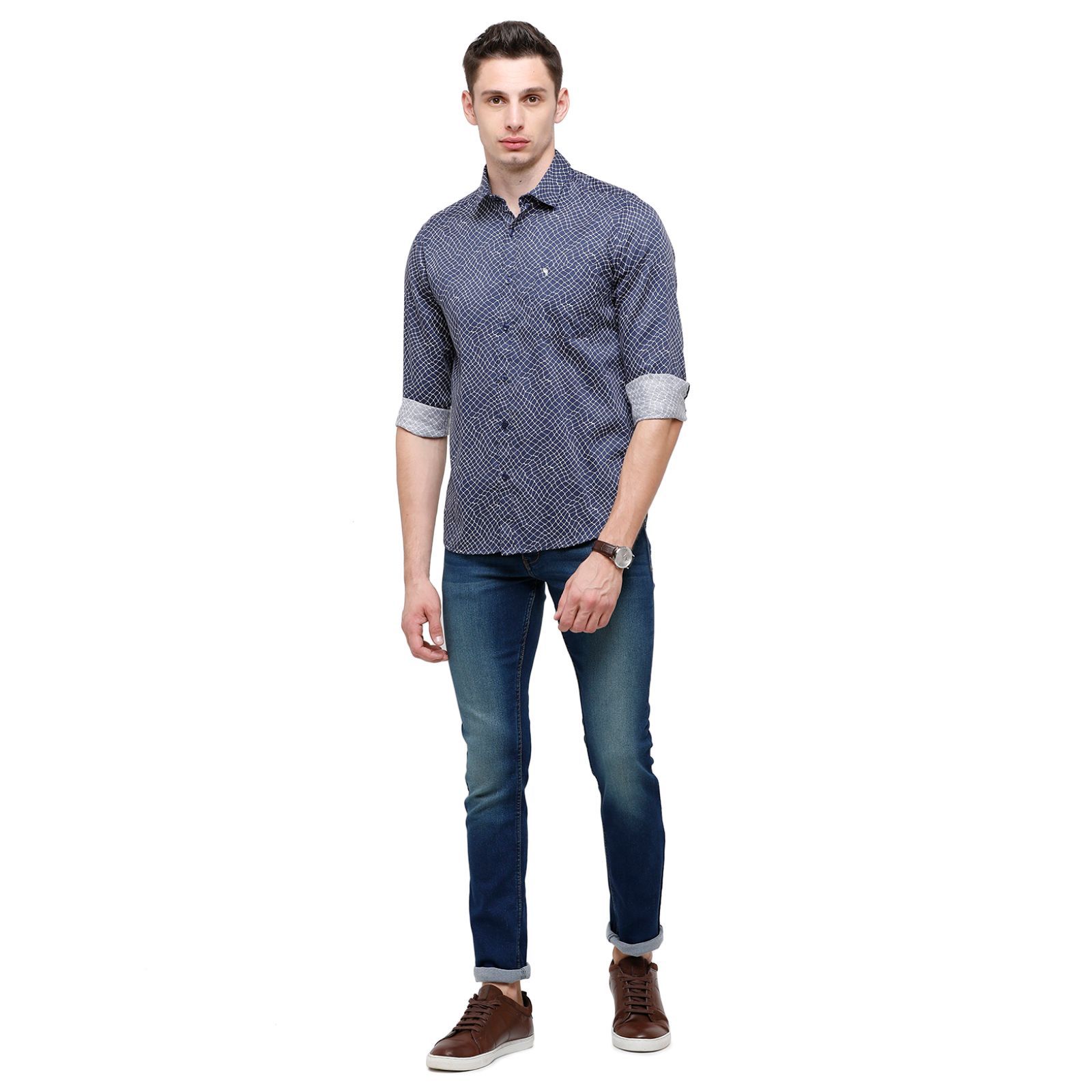 Swiss Club Mens Printed Full Sleeve 100% Cotton Indigo Polo Neck Woven Shirt ( S-SC-86 A-FS-PRT-SF ) Shirts Swiss Club 