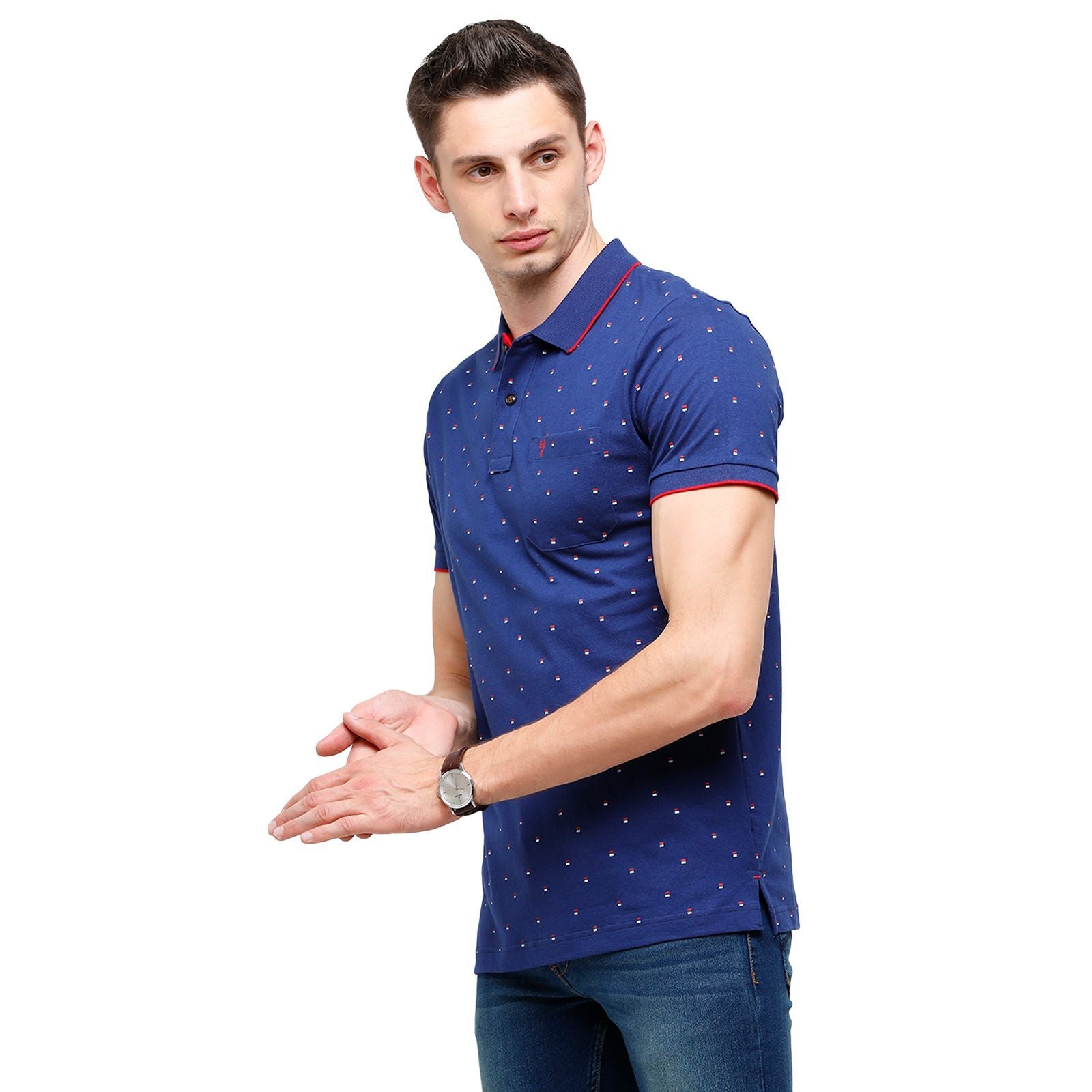 Classic Polo Mens Printed Half Sleeve 100% Cotton Royal Blue Polo Neck T-Shirt ( BELLO - 159 A SF P ) T-Shirt Classic Polo 