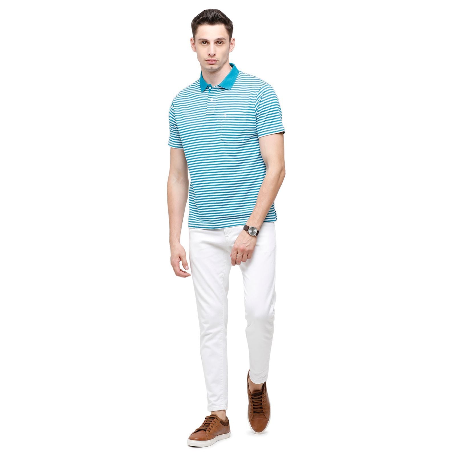 Swiss Club Mens Stripes Half Sleeve 100% Cotton Turqouise Polo Neck T-Shirt ( STAG - 154 A AF P ) T-Shirt Swiss Club 