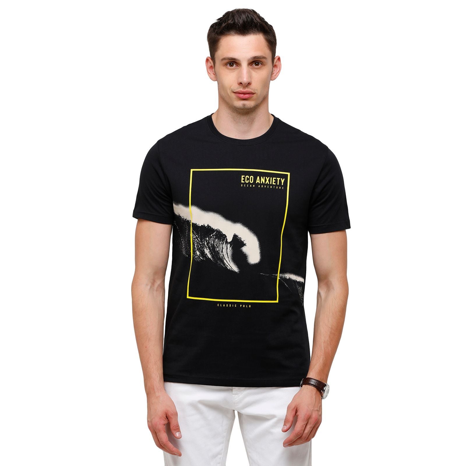 Classic Polo Mens Printed Half Sleeve 100% Cotton Black Crew Neck T-Shirt ( BALENO - 394 A SF C ) T-Shirt Classic Polo 