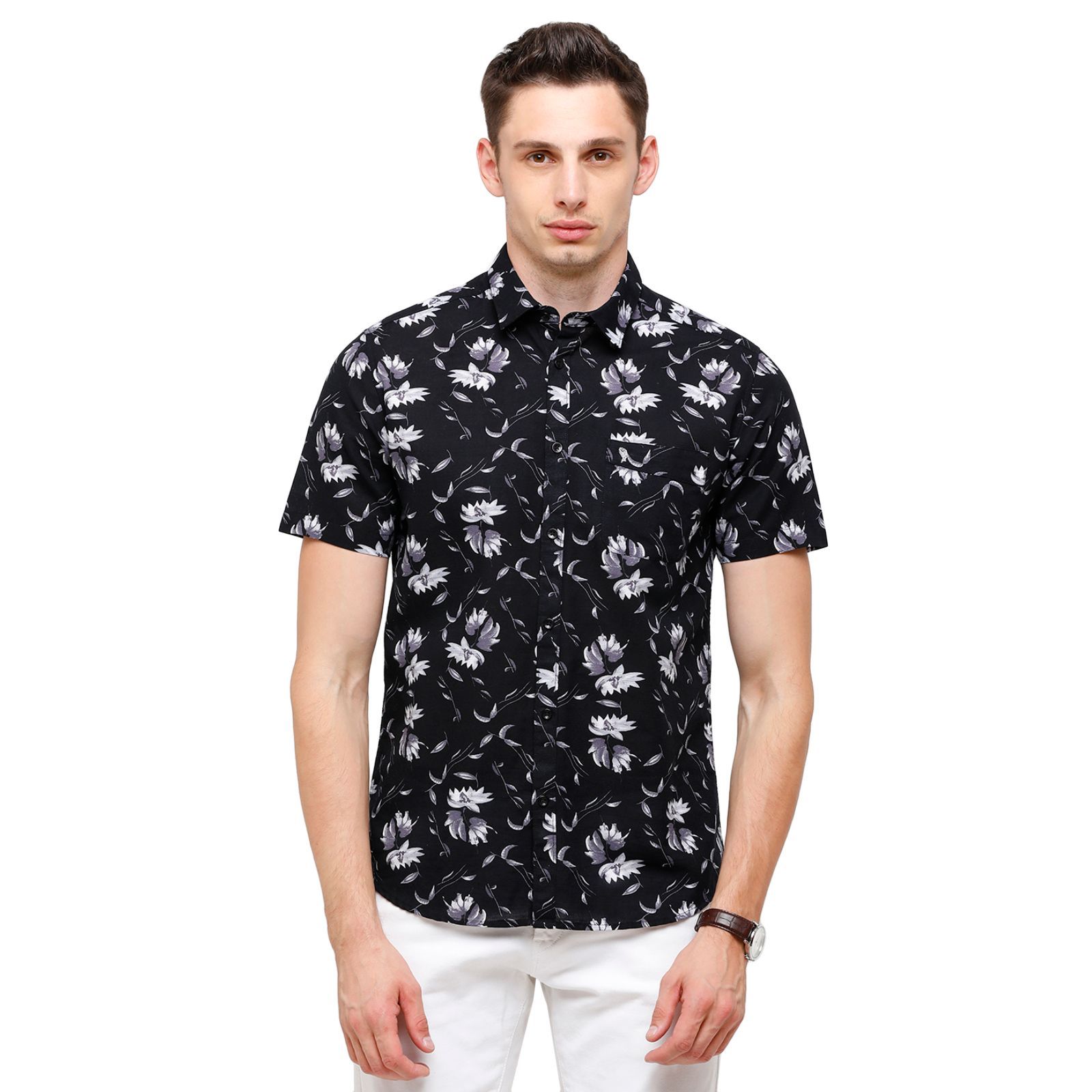 Swiss Club Mens Solid Half Sleeve 100% Cotton Black Polo Neck Woven Shirt ( S-SC-75 B-HS-SLD-SF ) Shirts Swiss Club 