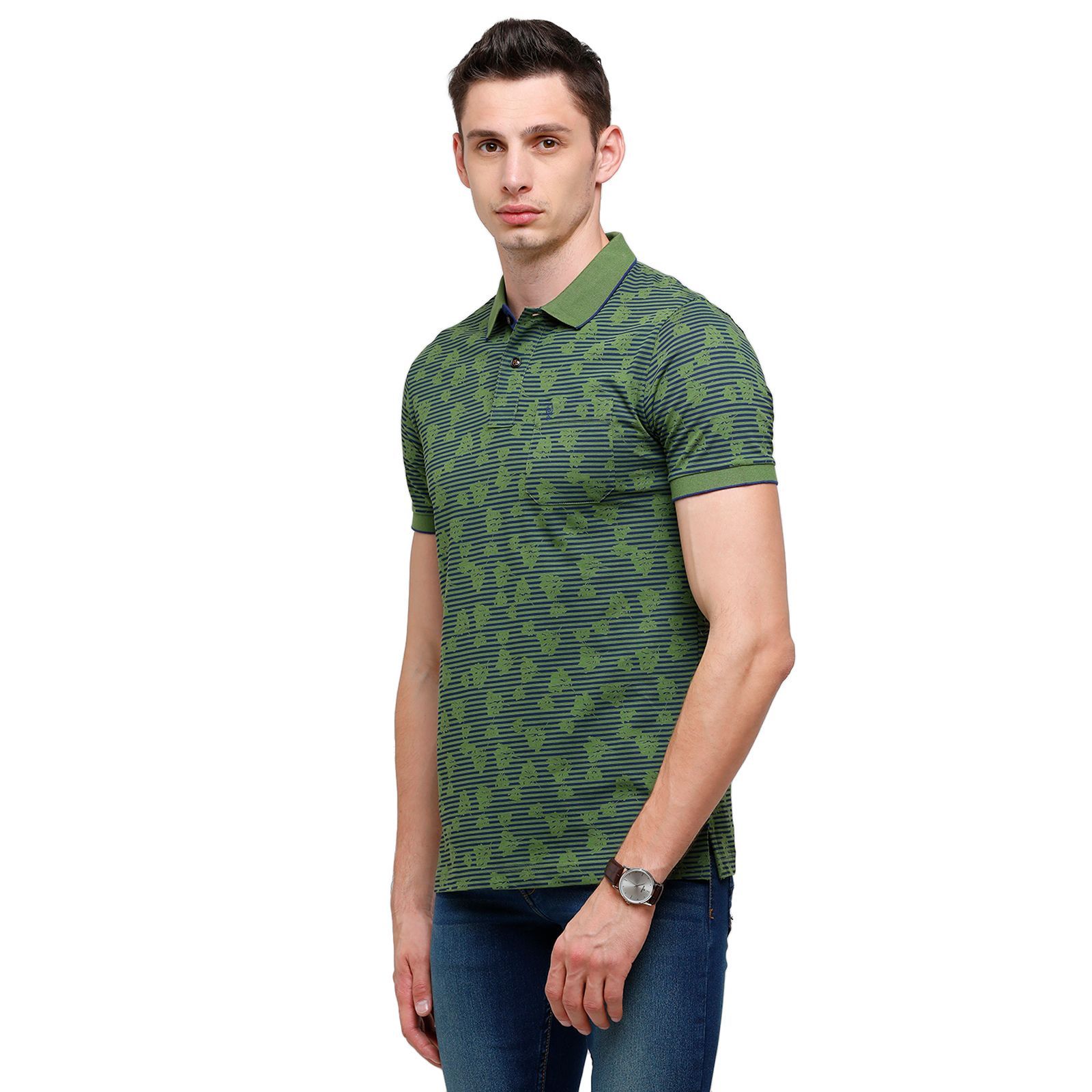 Classic Polo Mens Printed Half Sleeve 100% Cotton Olve Green Polo Neck T-Shirt ( BELLO - 155 B SF P ) T-Shirt Classic Polo 
