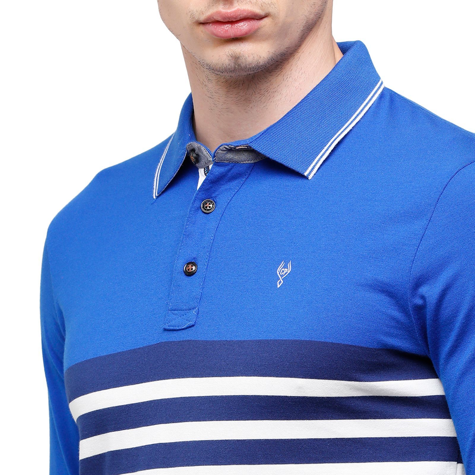 Classic Polo Men's Royal Blue Stripes Polo Full Sleeve Slim Fit T-Shirt - VERNO - 263 A SF P T-Shirt Classic Polo 
