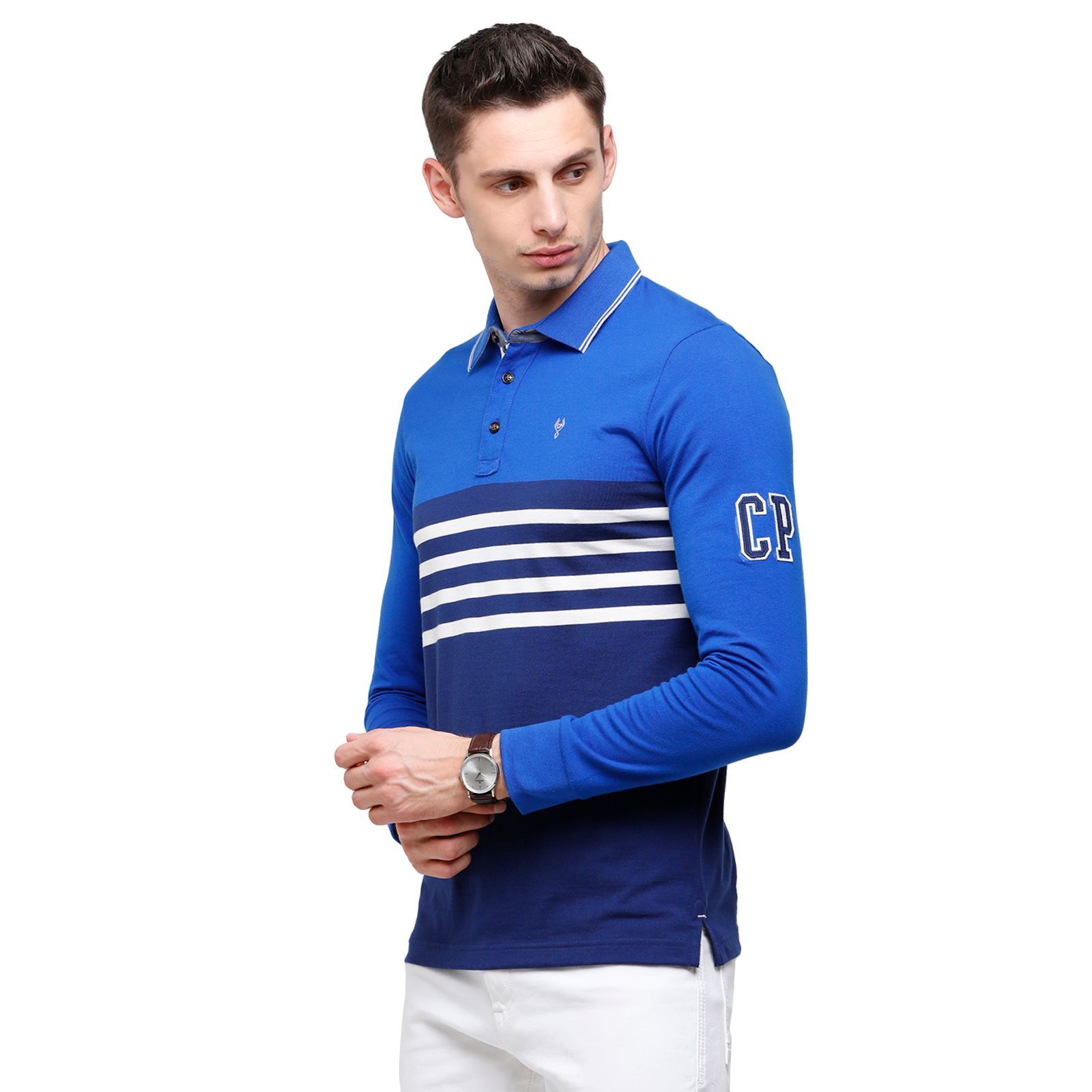 Classic Polo Men's Royal Blue Stripes Polo Full Sleeve Slim Fit T-Shirt - VERNO - 263 A SF P T-Shirt Classic Polo 