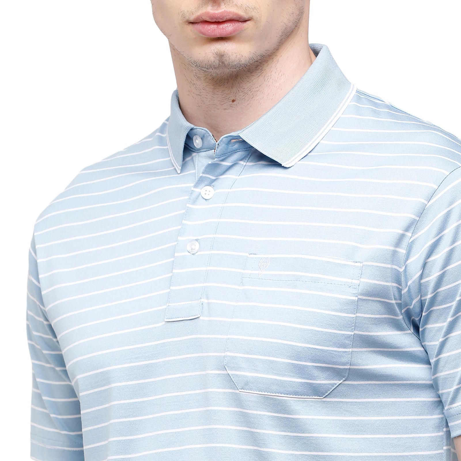 Classic Polo Men's Striped Authentic Fit Half Sleeve Premium Light Blue Stripe T-Shirt - Ultimo - 252 A T-Shirt Classic Polo 