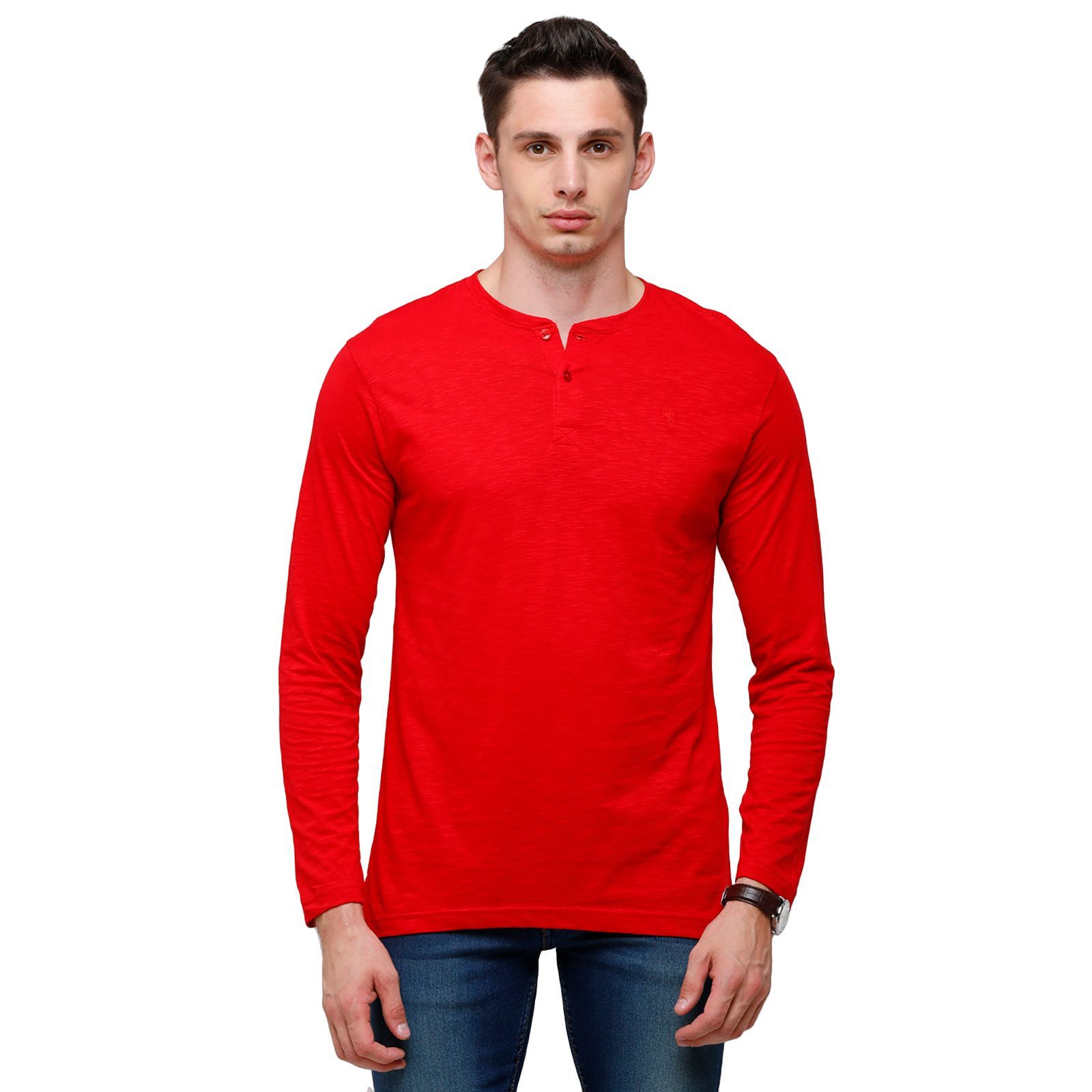 Classic polo Men's Red Full Sleeve Slim Fit Henley Crew T-Shirt - Ozel-True Red T-Shirt Classic Polo 