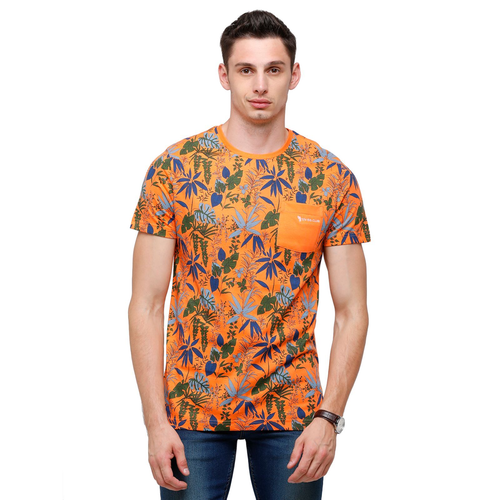 Swiss Club Mens Printed Half Sleeve 100% Cotton Orange Crew Neck T-Shirt ( CUB - 31 B SF C ) T-Shirt Swiss Club 