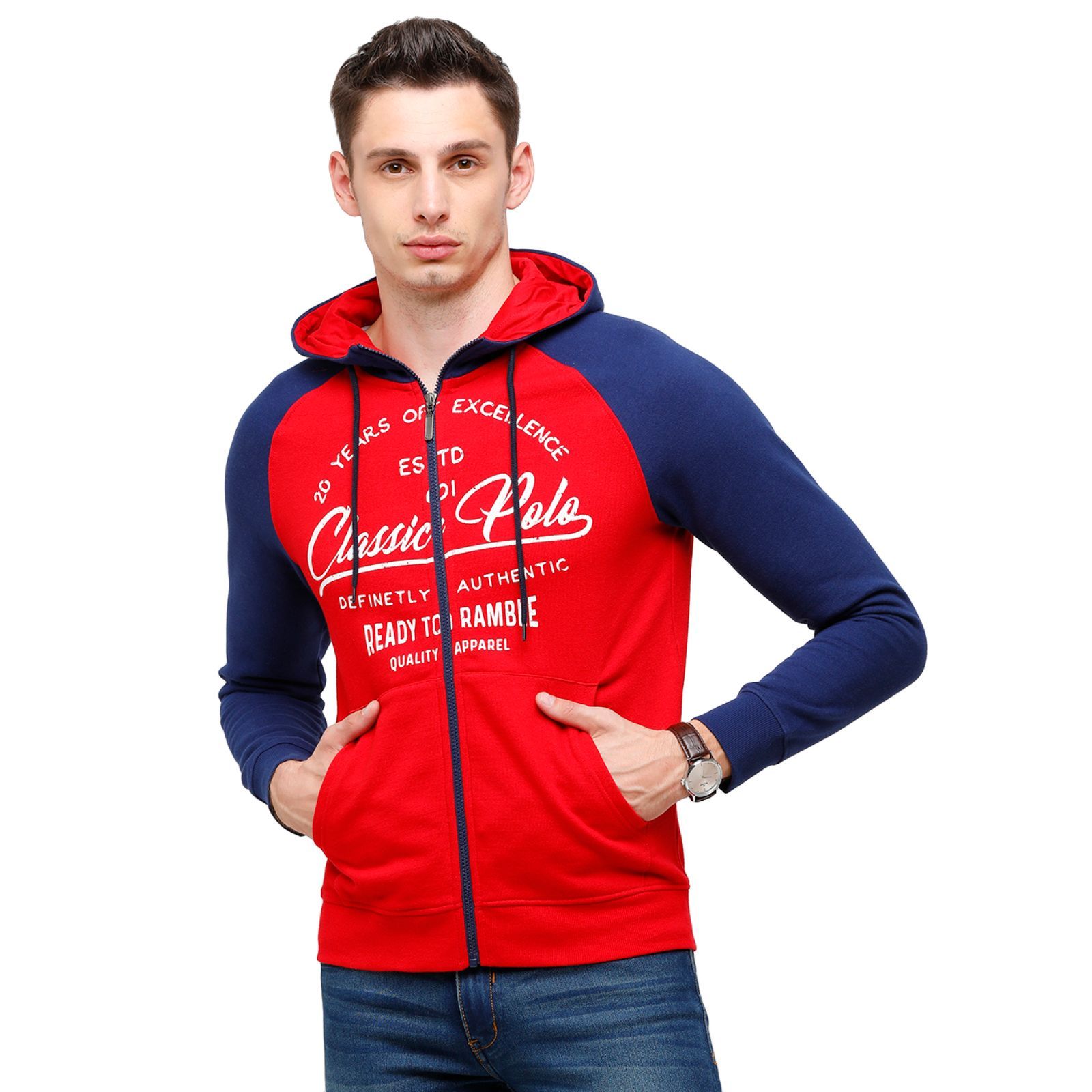 Classic Polo Men's Printed Full Sleeve Red & Blue Hood Sweat Shirt - CPSS-327A Sweat Shirts Classic Polo 