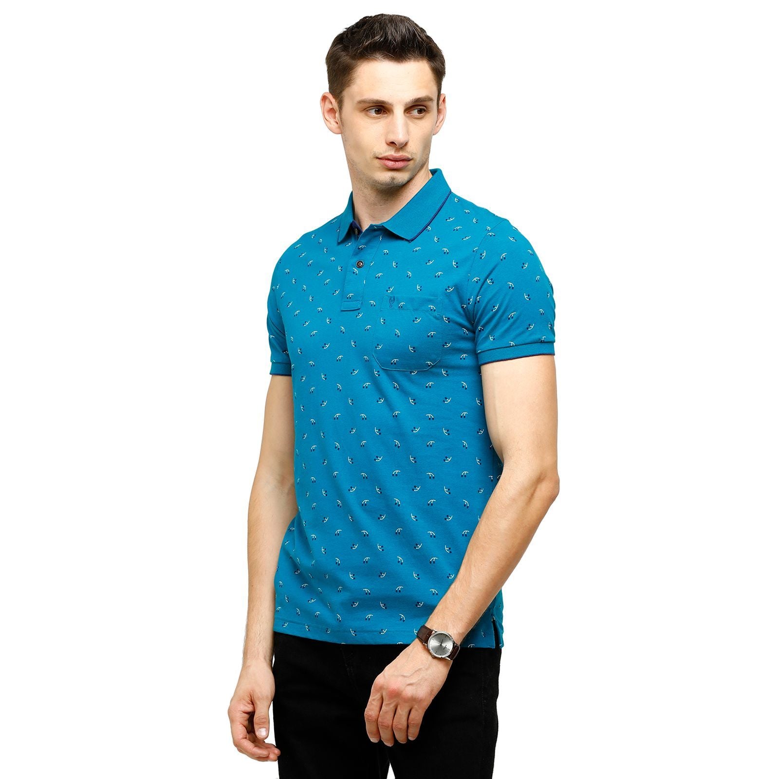 Classic Polo Mens Printed Half Sleeve 100% Cotton Blue Polo Neck T-Shirt ( BELLO - 144 B SF P ) T-Shirt Classic Polo 