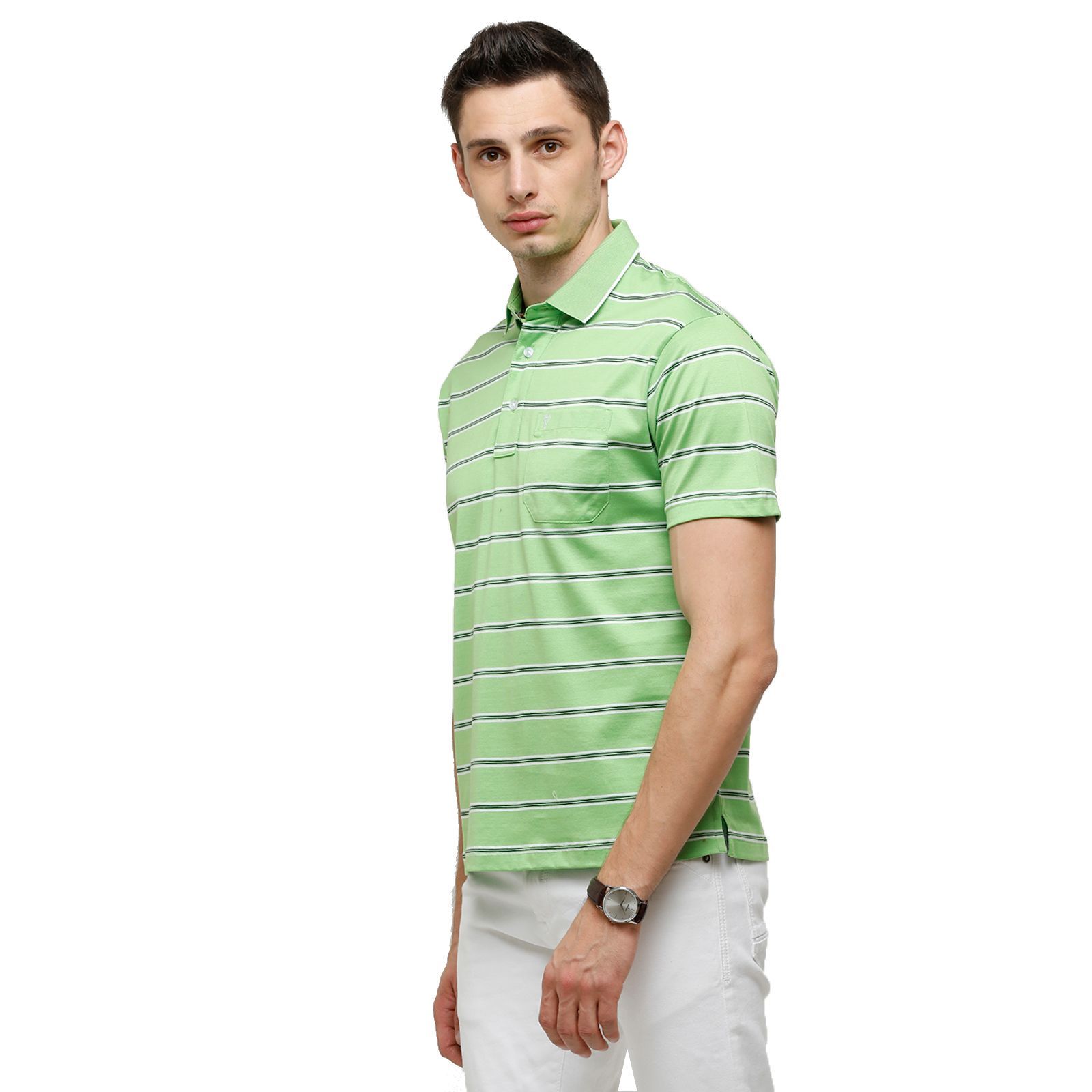 Classic Polo Men's Striped Authentic Fit Half Sleeve Premium Light Green Stripe T-Shirt - Ultimo - 255 A T-Shirt Classic Polo 
