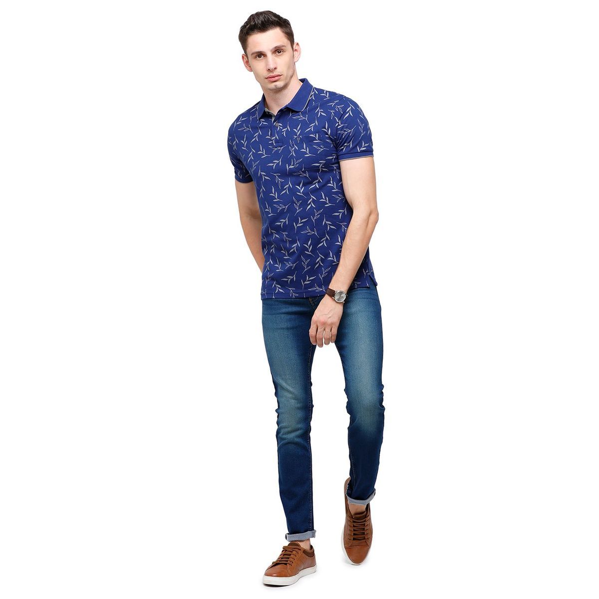 Classic Polo Mens Printed Half Sleeve 100% Cotton Royal Blue Polo Neck T-Shirt ( BEAU - 150 B SF P ) T-Shirt Classic Polo 