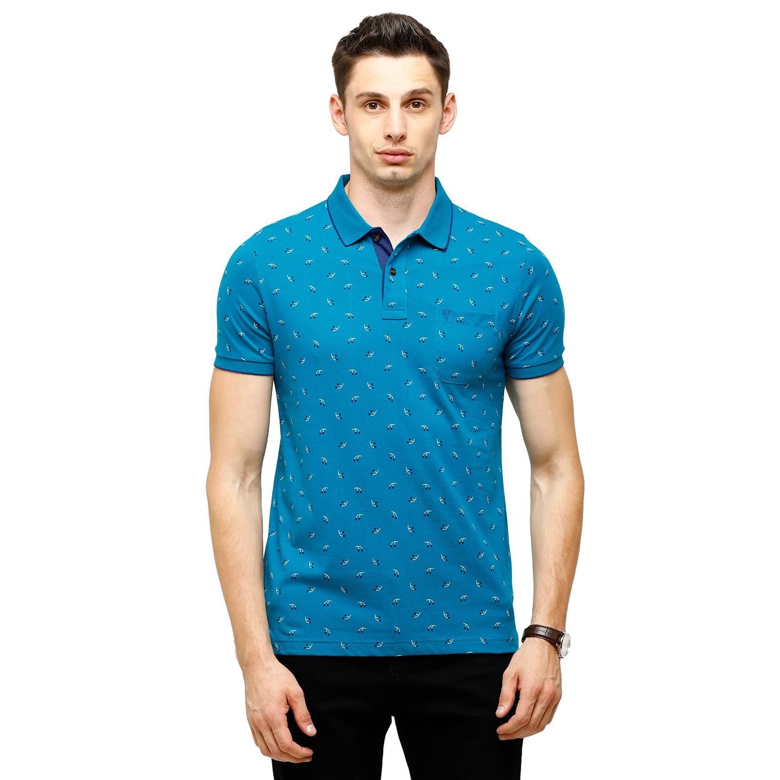 Classic Polo Mens Printed Half Sleeve 100% Cotton Blue Polo Neck T-Shirt ( BELLO - 144 B SF P ) T-Shirt Classic Polo 