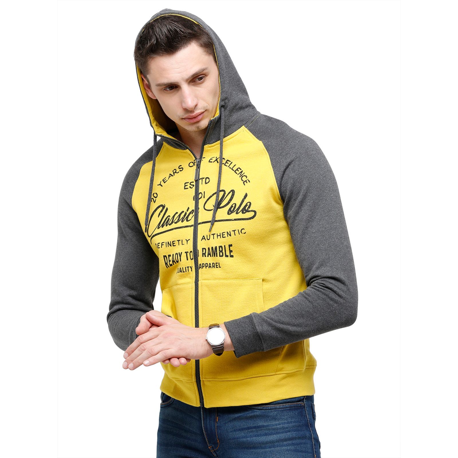 Classic Polo Men's Printed Full Sleeve yellow & Grey Hood Sweat Shirt - CPSS - 327 B Sweat Shirts Classic Polo 