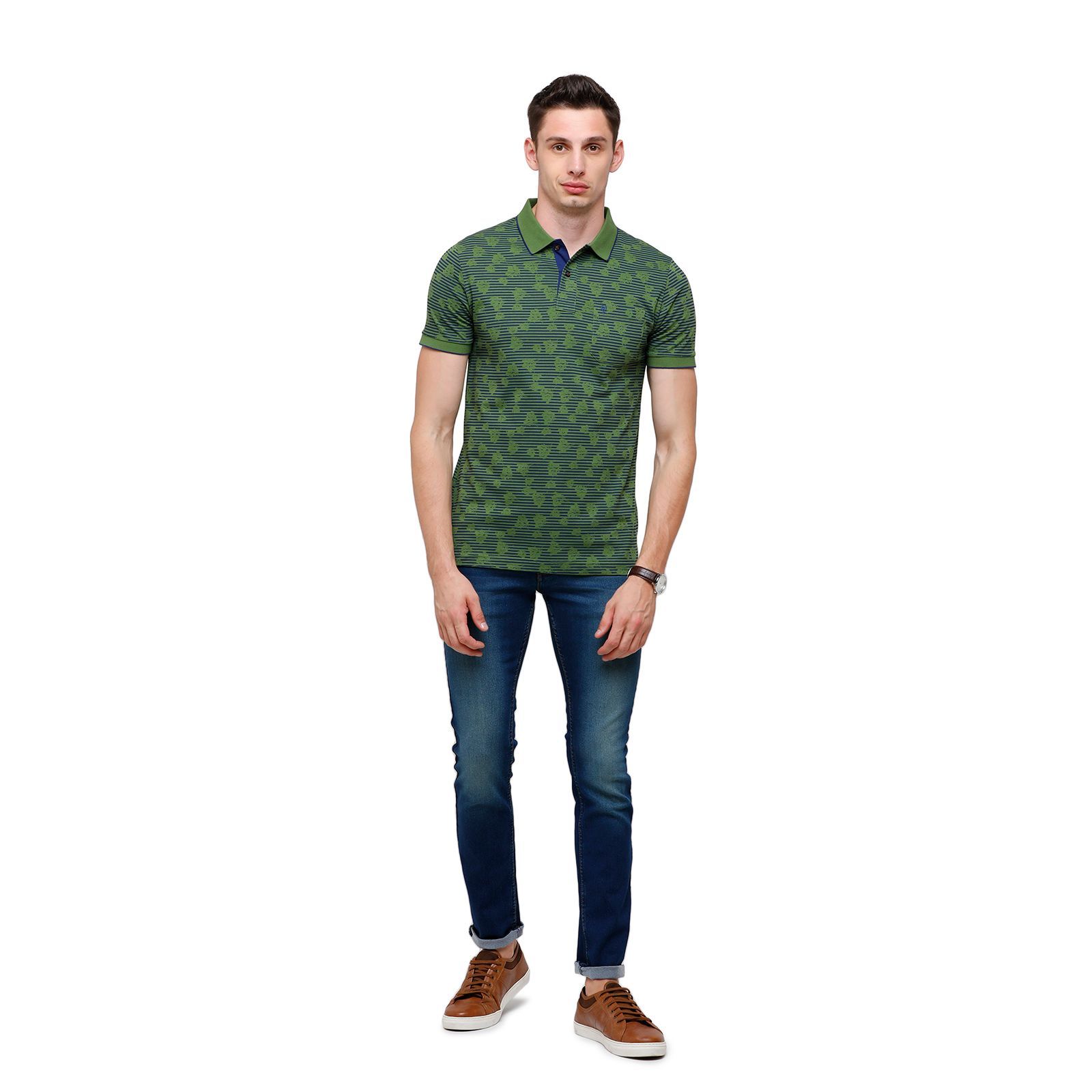 Classic Polo Mens Printed Half Sleeve 100% Cotton Olve Green Polo Neck T-Shirt ( BELLO - 155 B SF P ) T-Shirt Classic Polo 