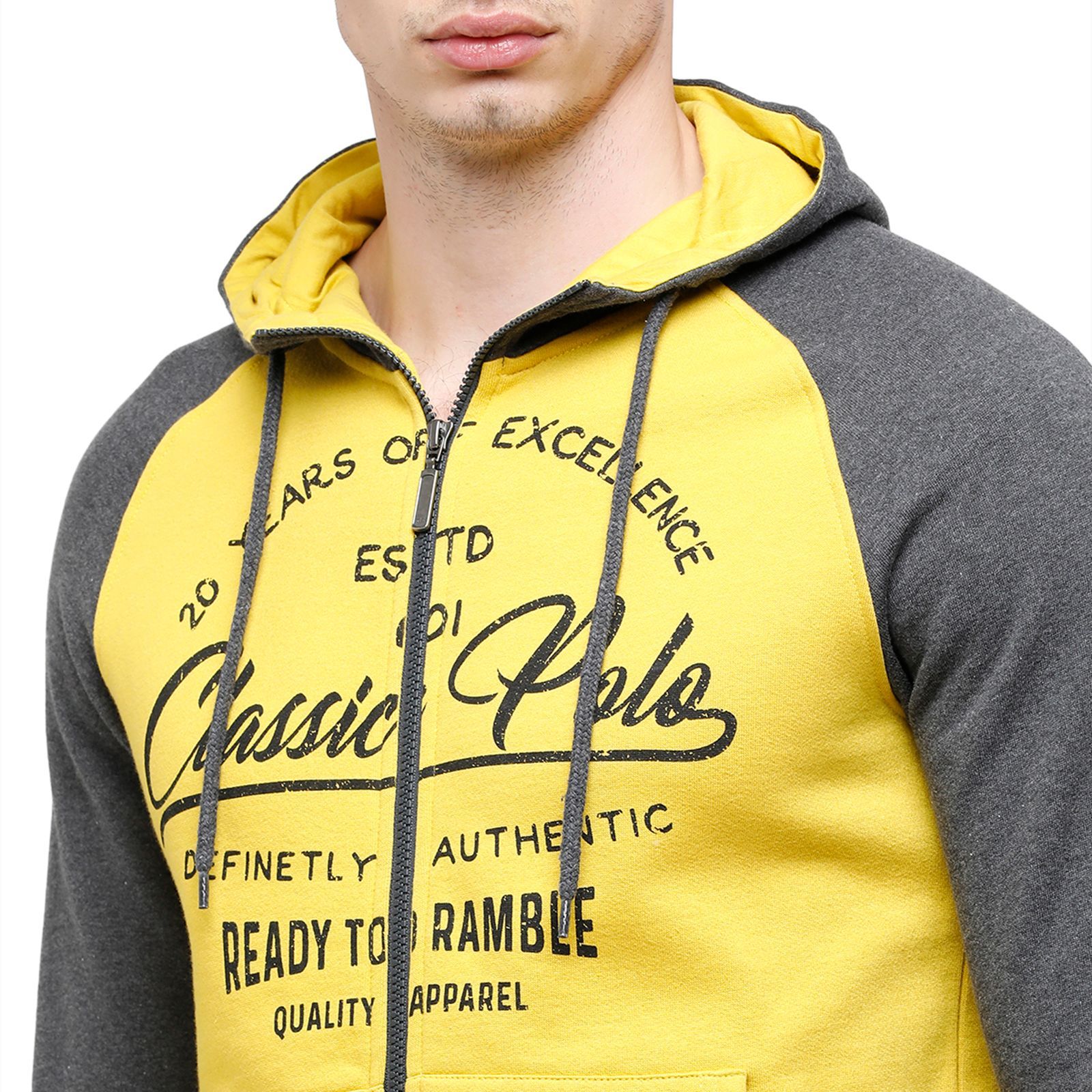 Classic Polo Men's Printed Full Sleeve yellow & Grey Hood Sweat Shirt - CPSS - 327 B Sweat Shirts Classic Polo 
