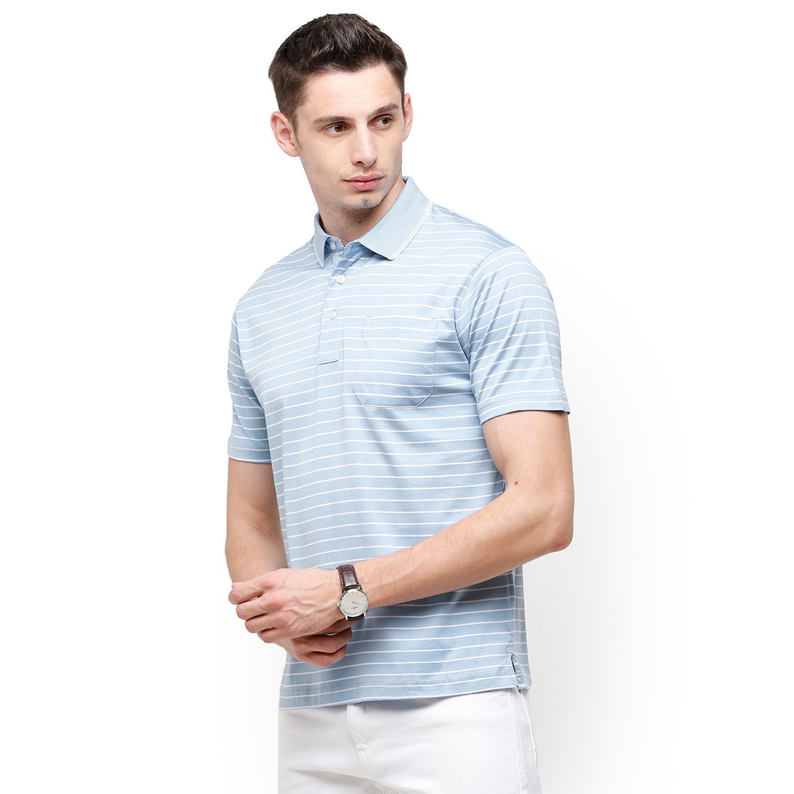 Classic Polo Men's Striped Authentic Fit Half Sleeve Premium Light Blue Stripe T-Shirt - Ultimo - 252 A T-Shirt Classic Polo 