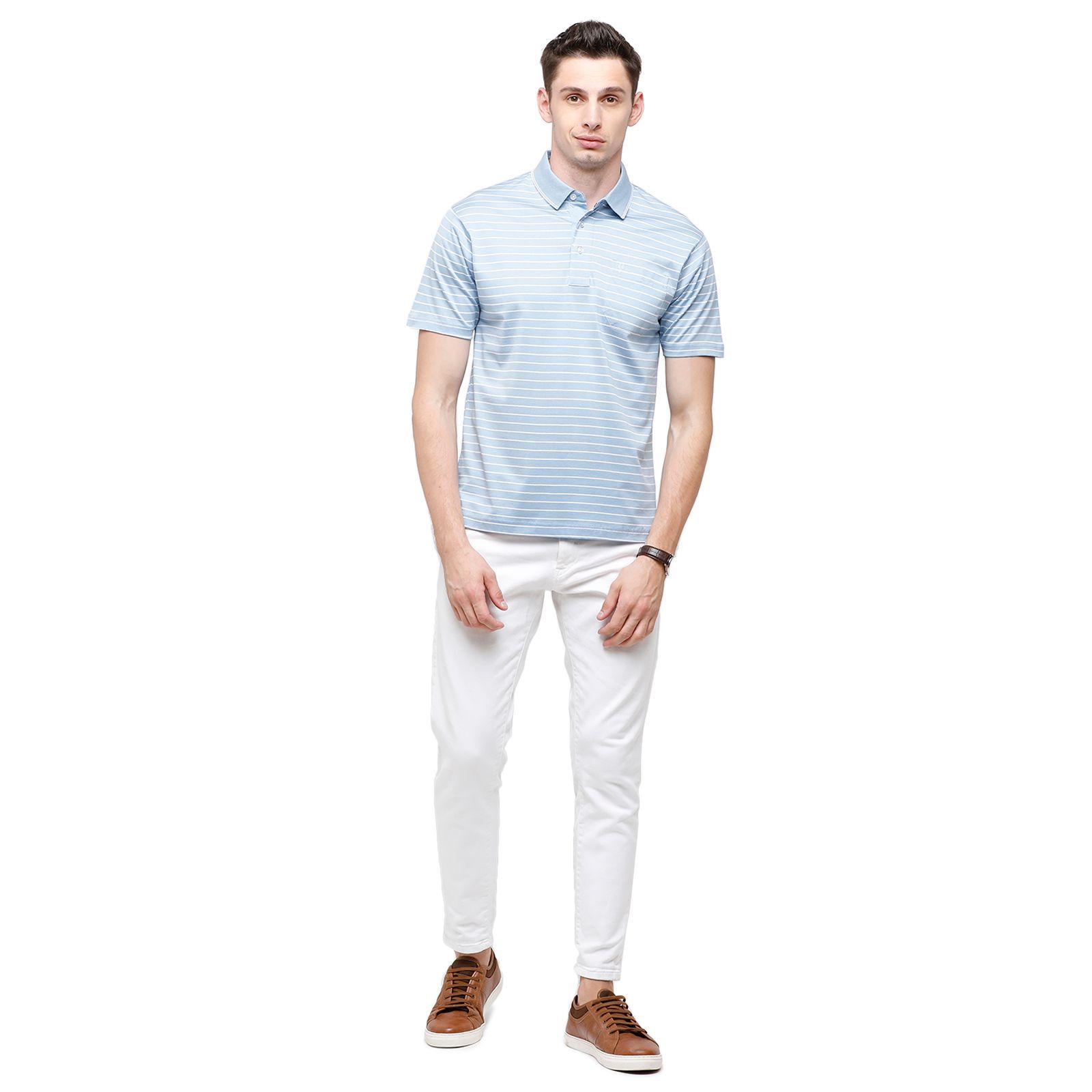 Classic Polo Men's Striped Authentic Fit Half Sleeve Premium Light Blue Stripe T-Shirt - Ultimo - 252 A T-Shirt Classic Polo 
