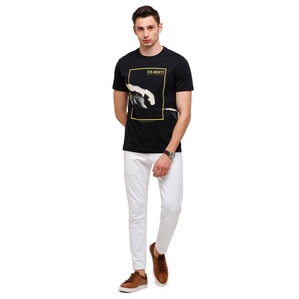 Classic Polo Mens Printed Half Sleeve 100% Cotton Black Crew Neck T-Shirt ( BALENO - 394 A SF C ) T-Shirt Classic Polo 
